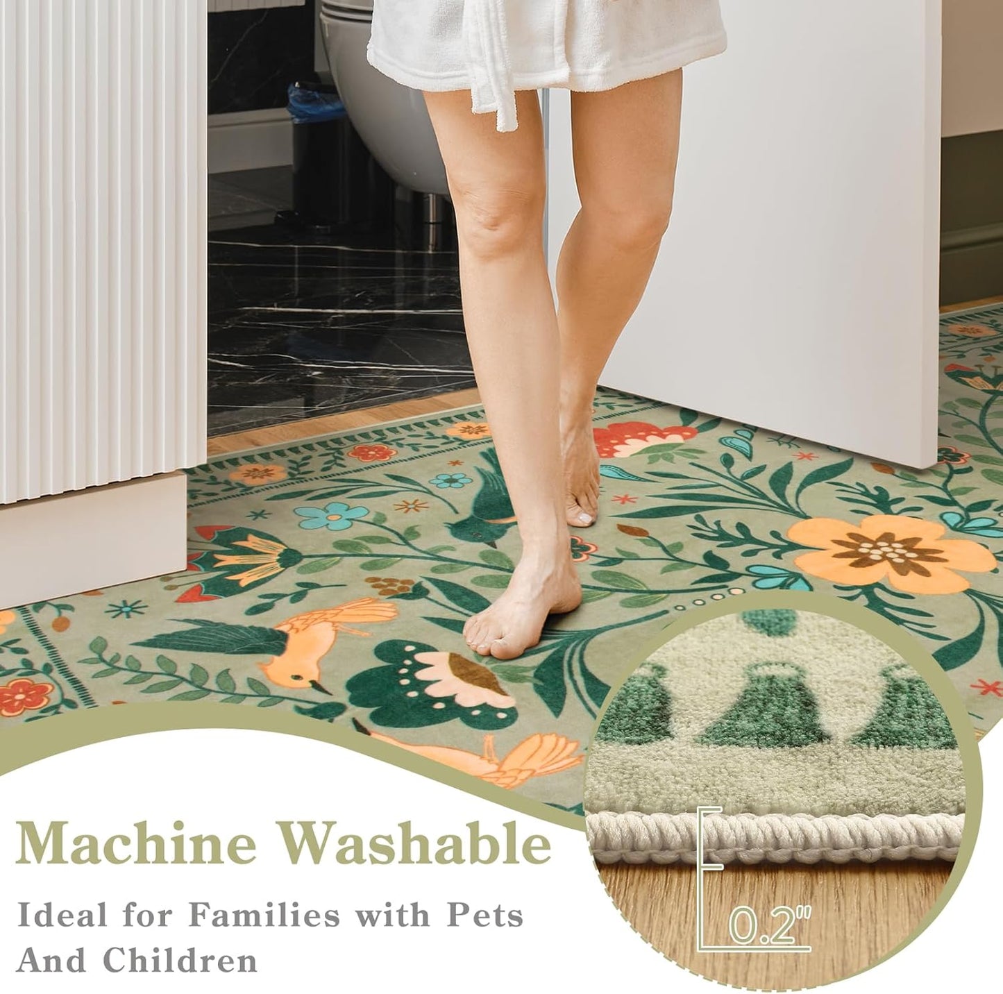 Moynesa Boho Area Rugs 5x7, Ultra Thin Soft Washable Rugs for Living Room Bedroom Non Slip, Stain Resistant, Indoor Bird Patterned Sage Green Large Carpet for Kitchen Entryway Office