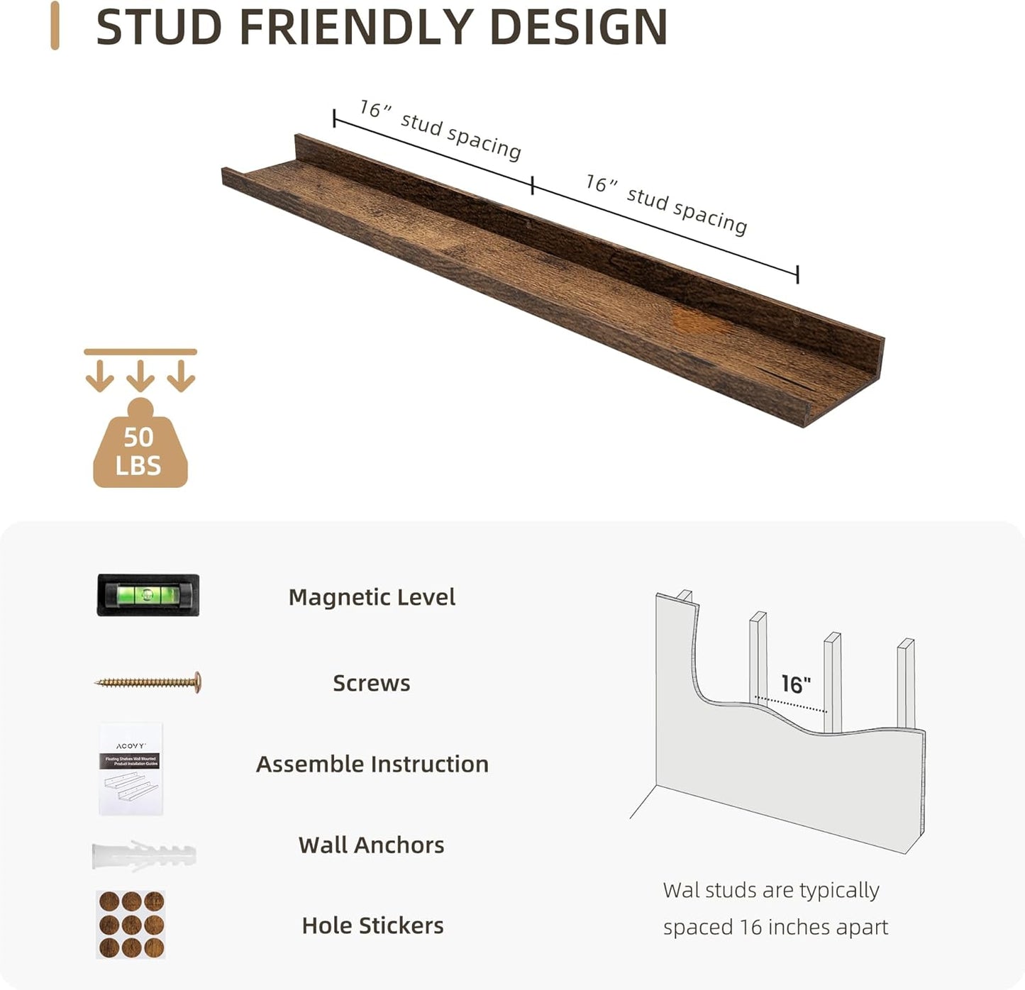 Picture Ledge Shelf, Wood Floating Shelves Set of 2, 36 inch Picture Ledge Shelves, Photo Ledge Nursery Book Shelves Wall Mounted for Living Room Kids' Room Bedroom, Color Brown