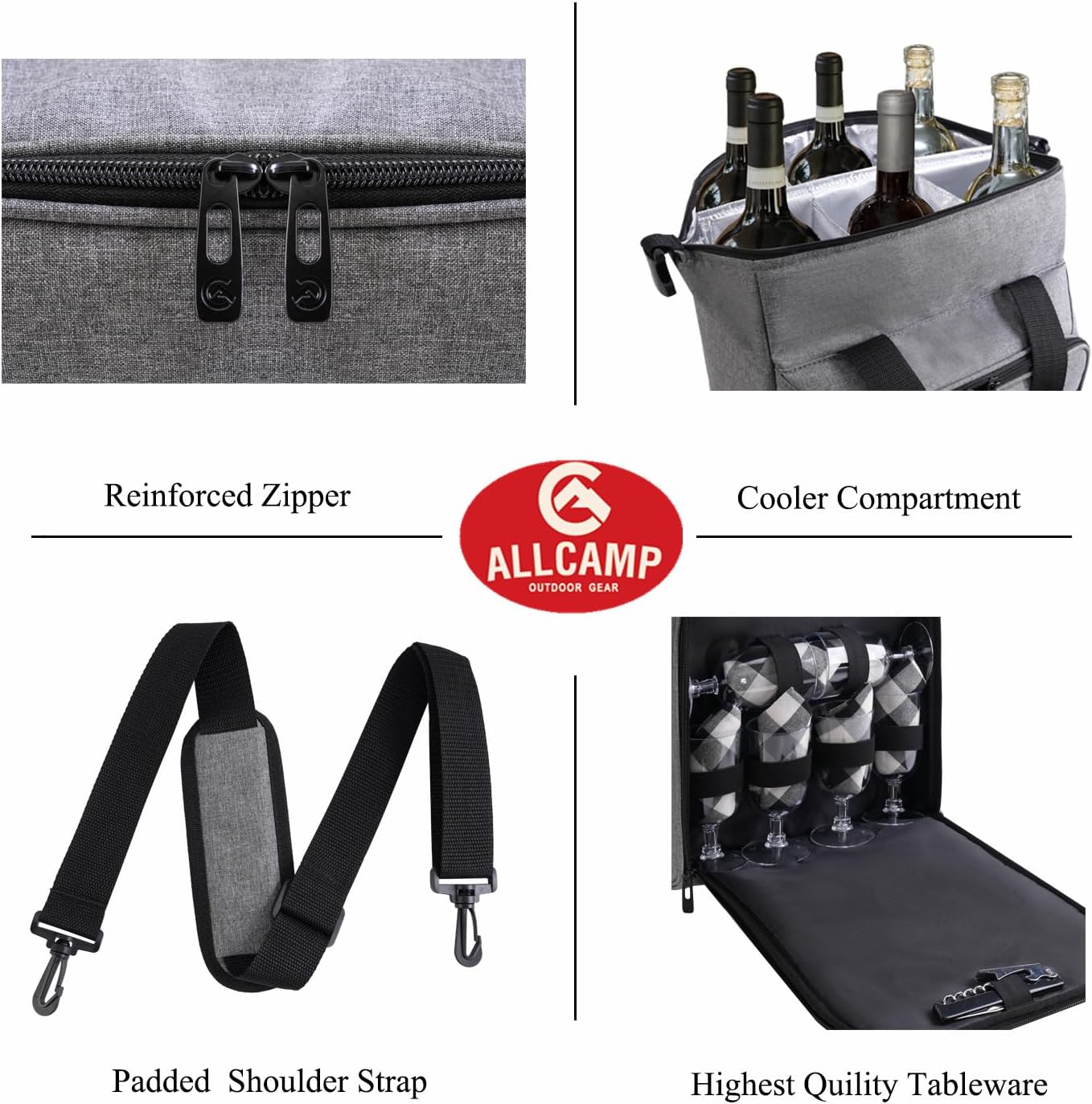 ALLCAMP 6 Bottle Wine Gift Bag - Insulated Tote Cooler, Adjustable Strap, Includes 6 Wine Glasses, Napkins & Corkscrew, Portable Travel Gifting(Gray)
