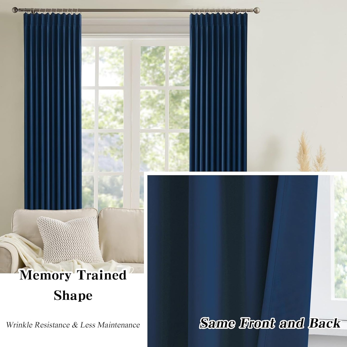 Pinch Pleated Curtains 104 Inches Long 2 Panels Set, Dark Indigo Blue Drapes Thermal Insulated Blackout Room Darkening Curtains for Bedroom,Window Draperies with Hooks(Navy Blue,40x104-inch)