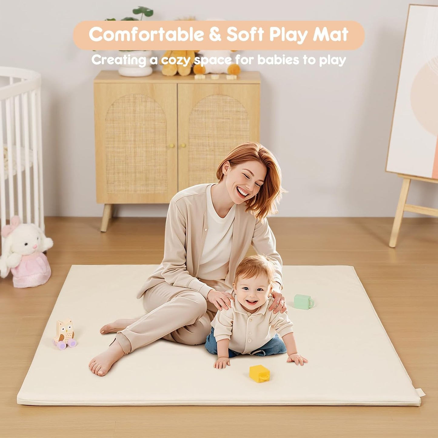 Padded Baby Play Mat, Super Soft Vegan Leather Floor Mat for Baby Girls and Boys, 48x48 Non-Slip Thick Foam Cushioned Playmat for Babies 6-12 Months, Fits Nicely Into 50x50 Playpen Mat, Pink