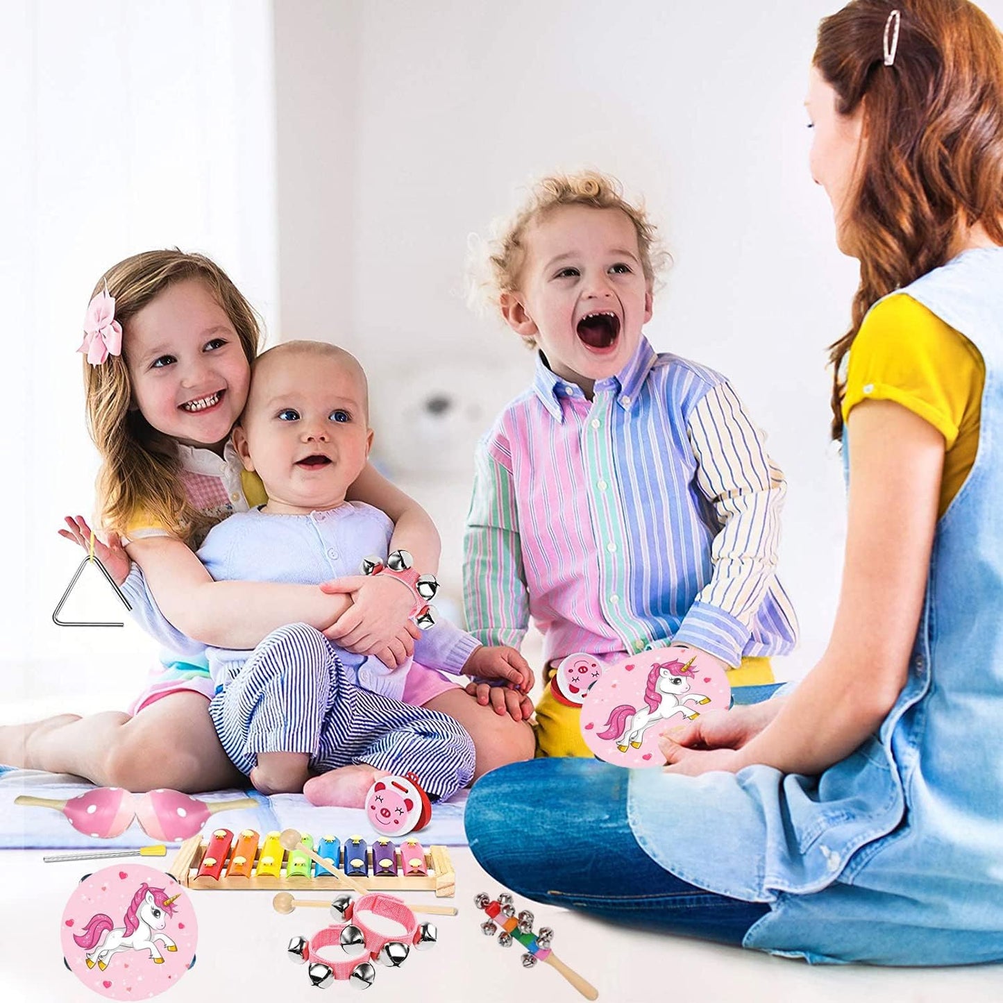 Kids Musical Instruments Sets, 12pcs Wooden Percussion Instruments Toys Tambourine Xylophone for Kids Playing Preschool Education, Early Learning Musical Toys for Boys Girls Gift (Pink)