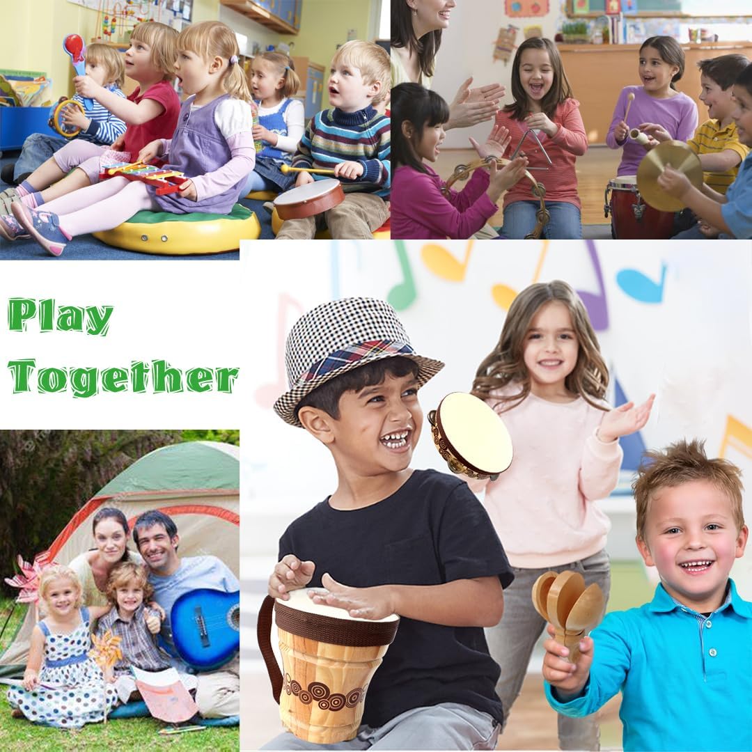 Wooden Musical Instruments Set for Kids,7 Types Percussion Set,Bongo Drum,Tambourine 8 inch...Natural Sheepskin Drumhead,Toddler Musical Toys,Gift for Rhythm Montessori Class Education