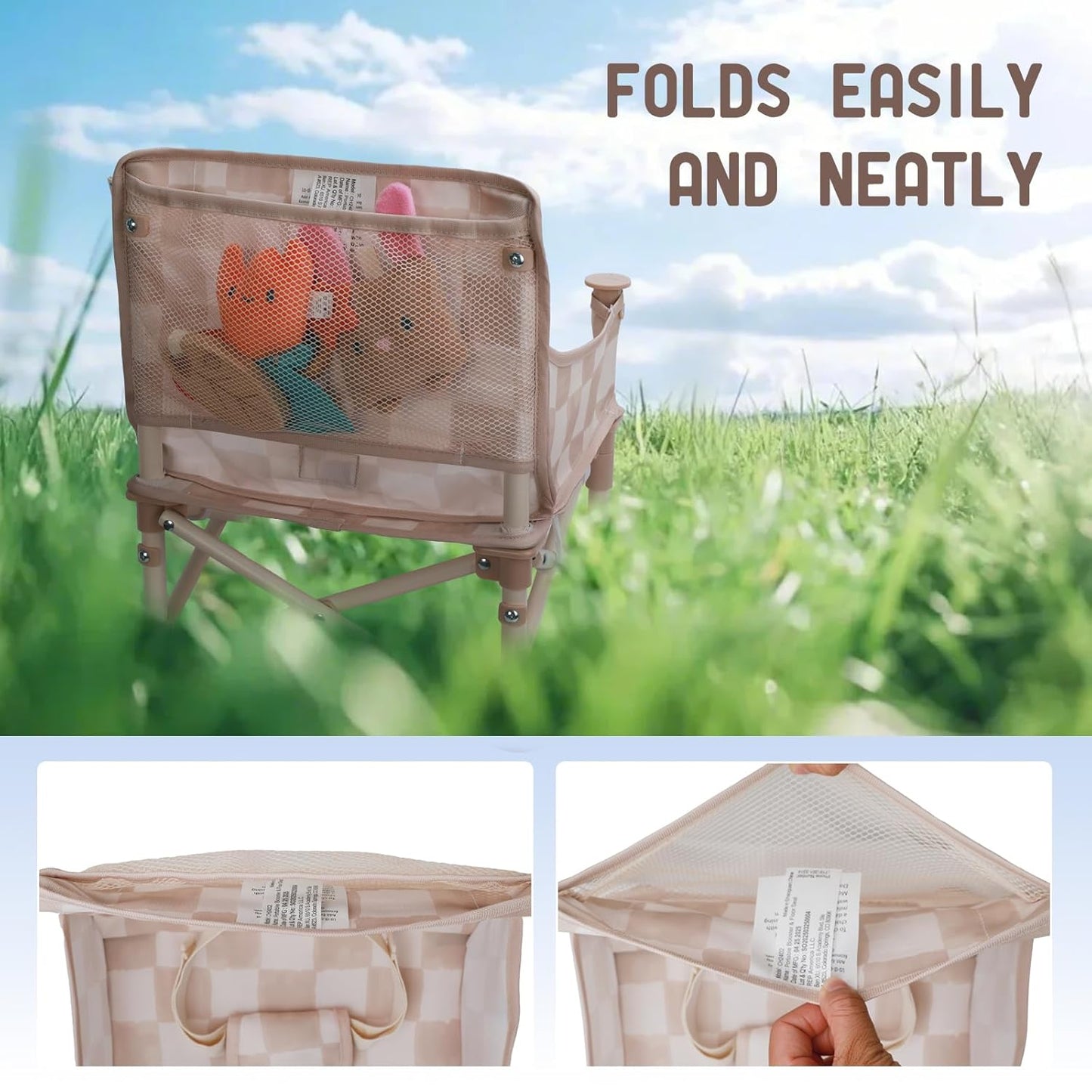 Tiny Marvels Portable 3-in-1 Baby Booster Seat, Cozy Floor Seat, Feeding Seat with Tray, Compact Foldable Toddler Booster with Child Safety Belt Carry Bag, Perfect for Travel (Sand Checker)