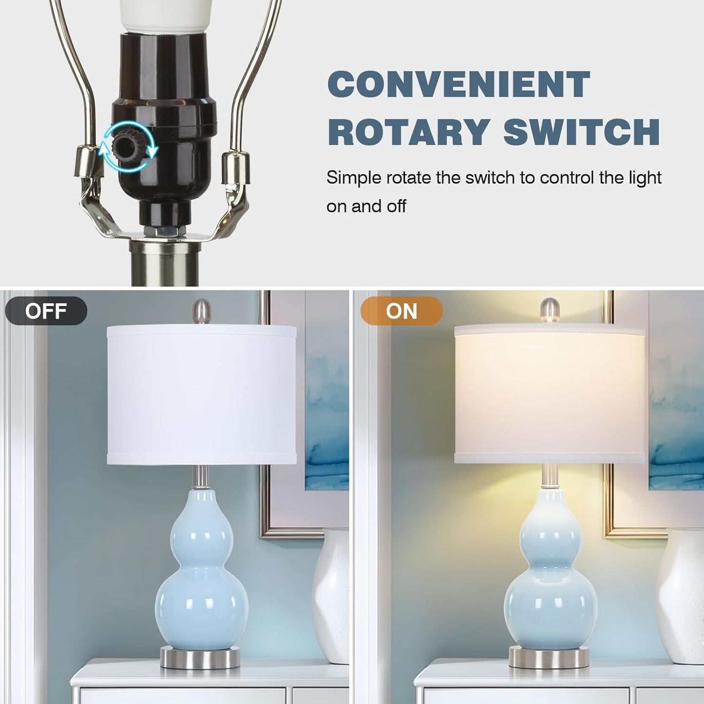 22" Double Gourd Ceramic Table Lamps Set of 2, Blue Modern Bedside Lamps for Living Room, Contemporary Nightstand Desk Lamps for Bedroom End Table Home Office Study Room Decor(2 LED Bulbs Included)