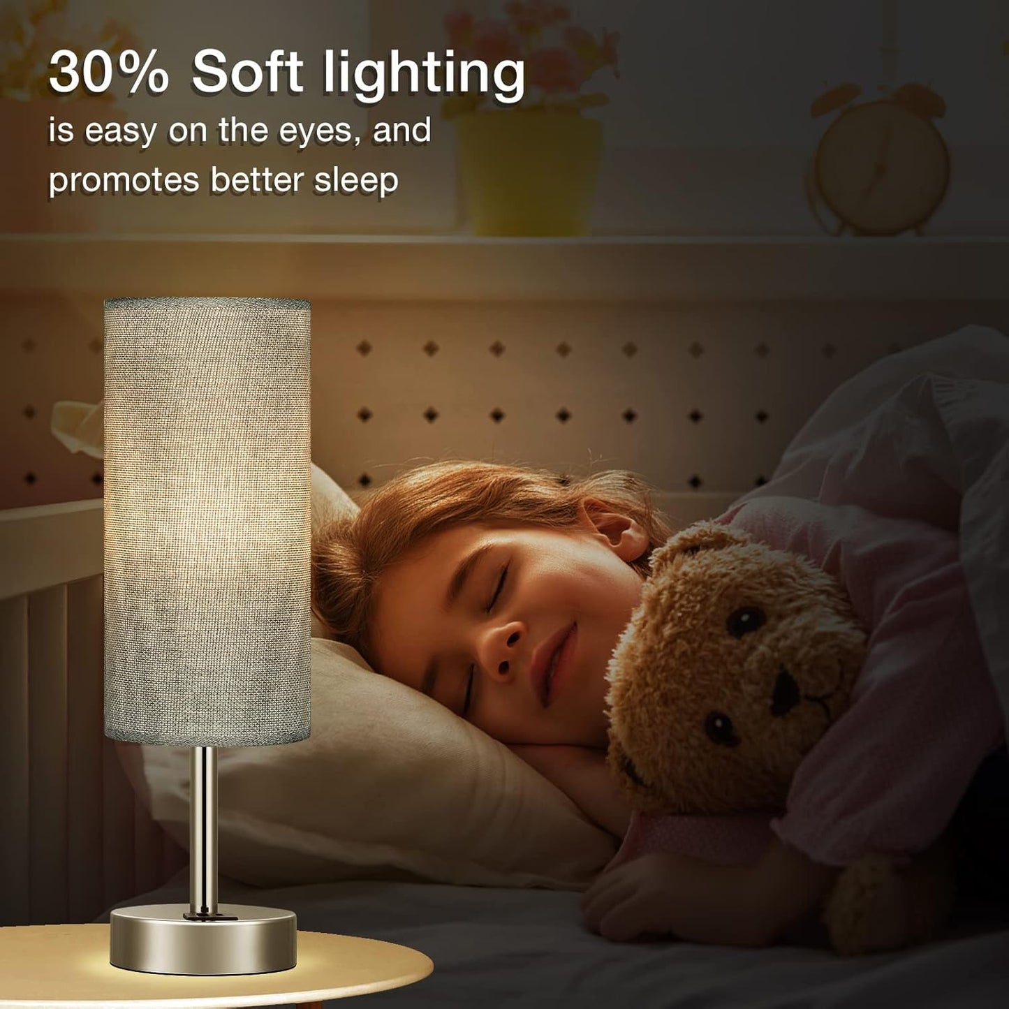 Grey Touch Nightstand Lamps for Girl - Small Bedside Lamp with USB-C and USB Charging Ports, 3 Way Dimmable Control Table Lamp for Living Room Office, Dorm, Reading with Fabric Shade Silver Base