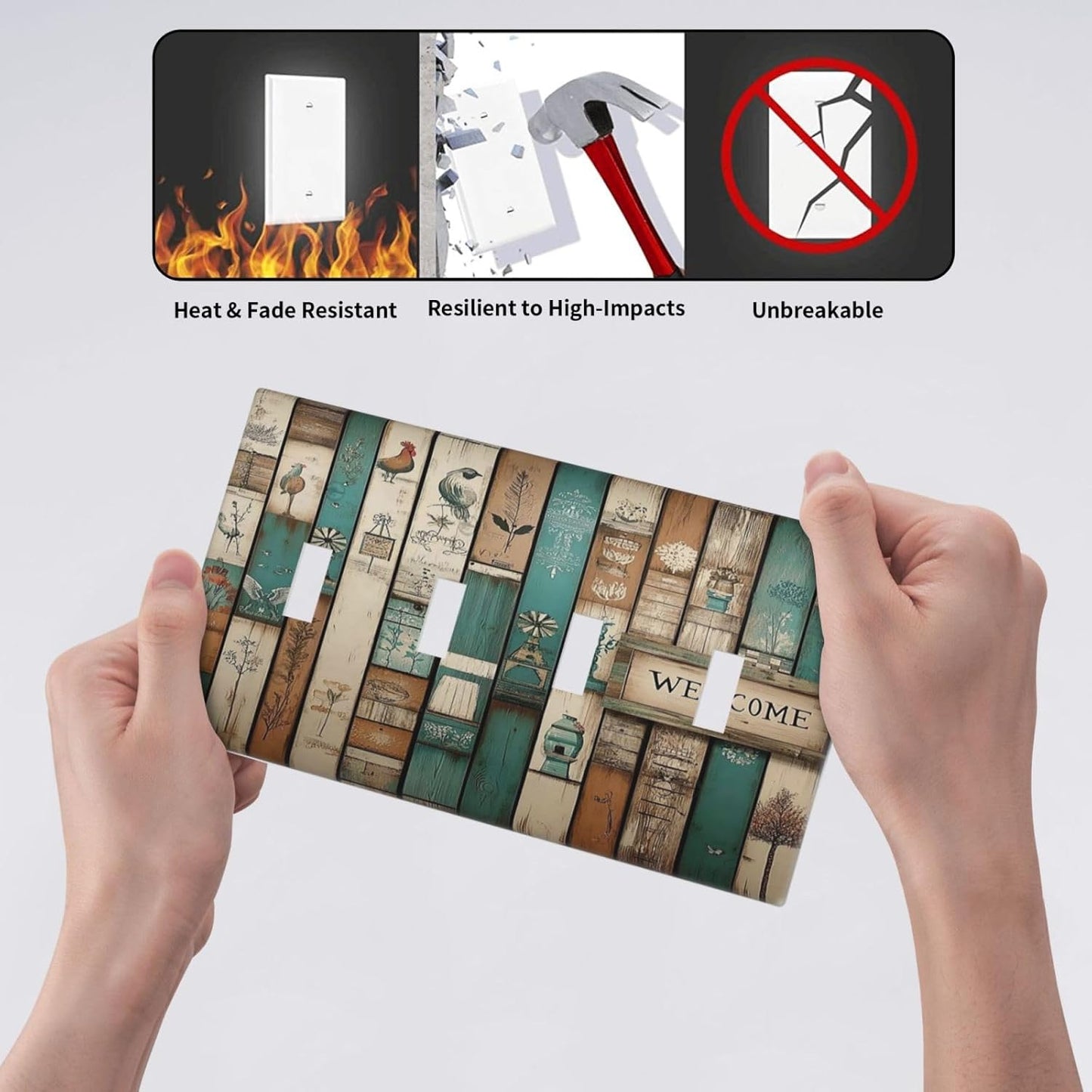 Light Switch Covers Vintage Wood Brown Turquoise Splicing Quad Toggle Electrical Faceplate 4 Gang Wall Plate Decorative Switch Plates For Farmhouse Cabin Decor