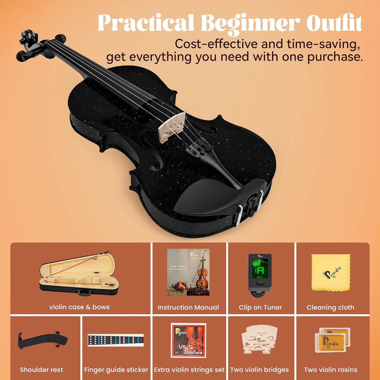Poseidon 1/2 Violin for Kids Beginner Half Fiddle Kit, Violin Student Stringed Musical Instrument w/Case, Two Violin Strings Set, Two Bows, Two Bridges, Two Rosins, Tuner, Manual - Glossy Black