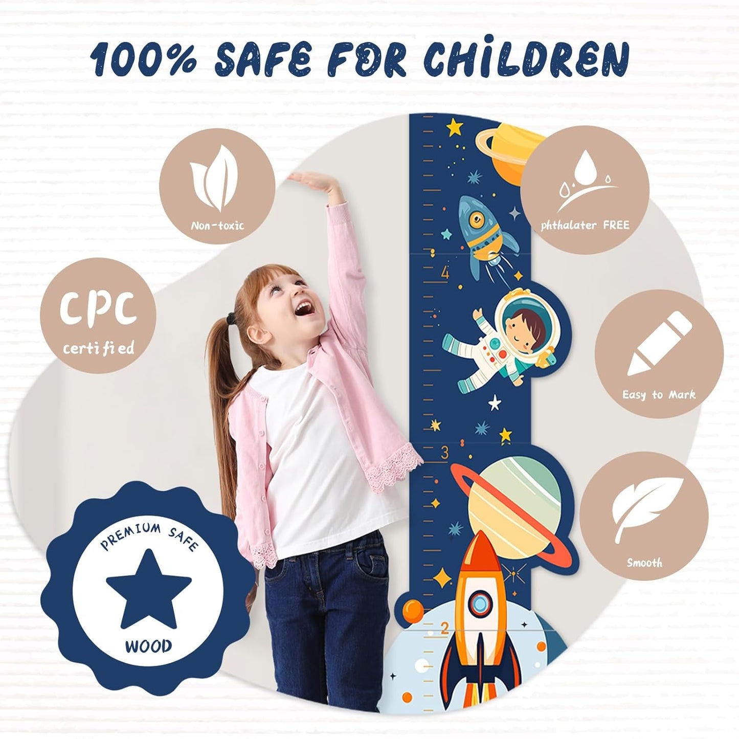 Personalized Name Wooden Growth Chart Wall Decor – Kids' Space Height Measurement Chart for Baby, Boys & Girls Room 62.5" x 15.5"