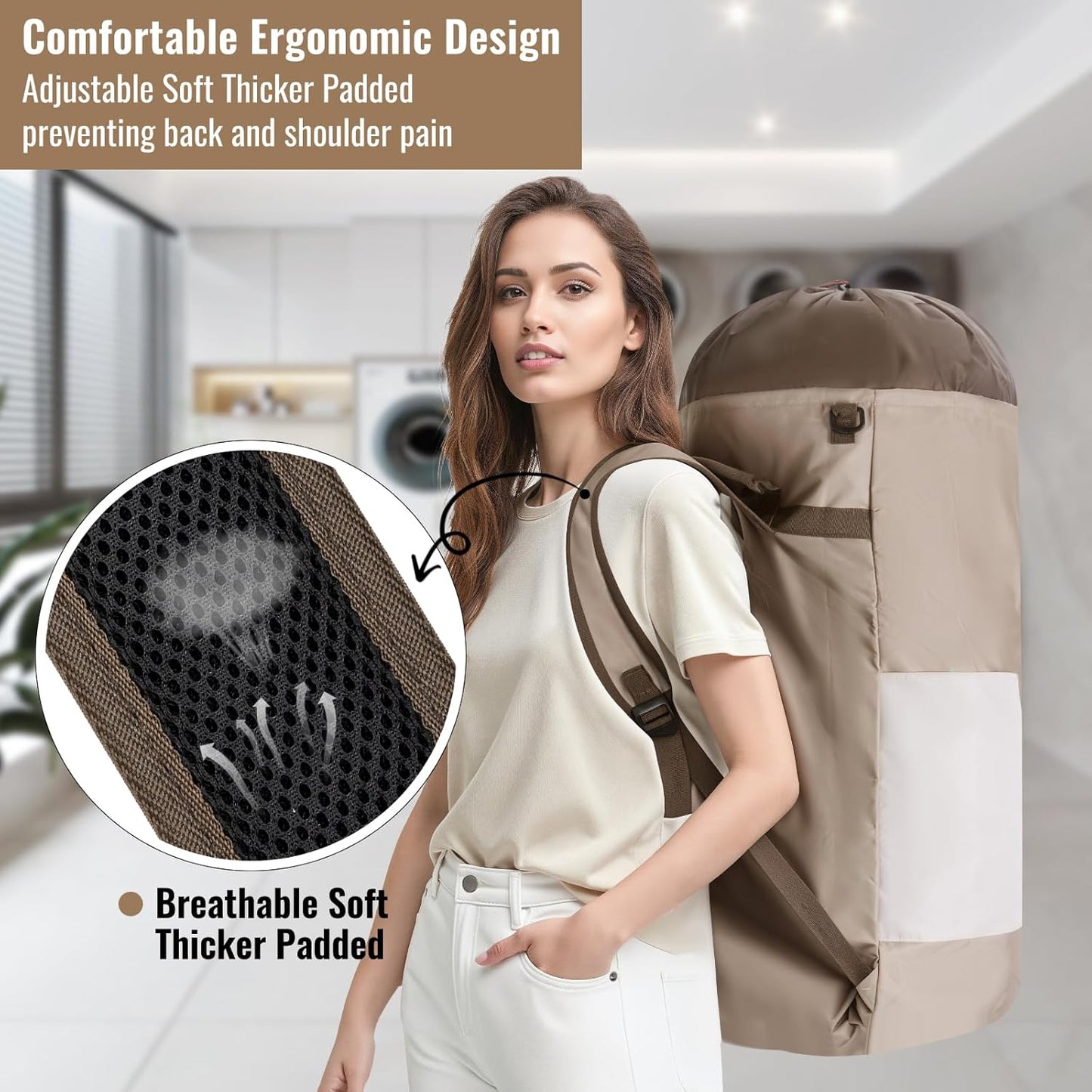 Laundry Bag Backpack, 125L Extra Large Travel with Shoulder Straps, Adjustable & Extendable Design, Laundry Hamper Bag with 3 Pockets for Laundromat, College, Travel, Camping (Brown)