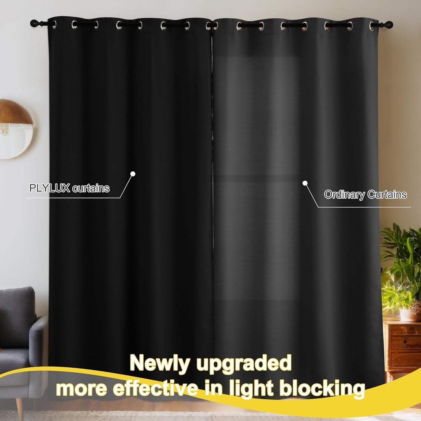 NICETOWN 100% Blackout Plylux Curtains for Living Room 2 Panels - Completely Blackout Window Drapes Thermal Insulate Smart Curtians for Nursery Patio Glass Door, Grommet Top (52 by 95 inches, Black)