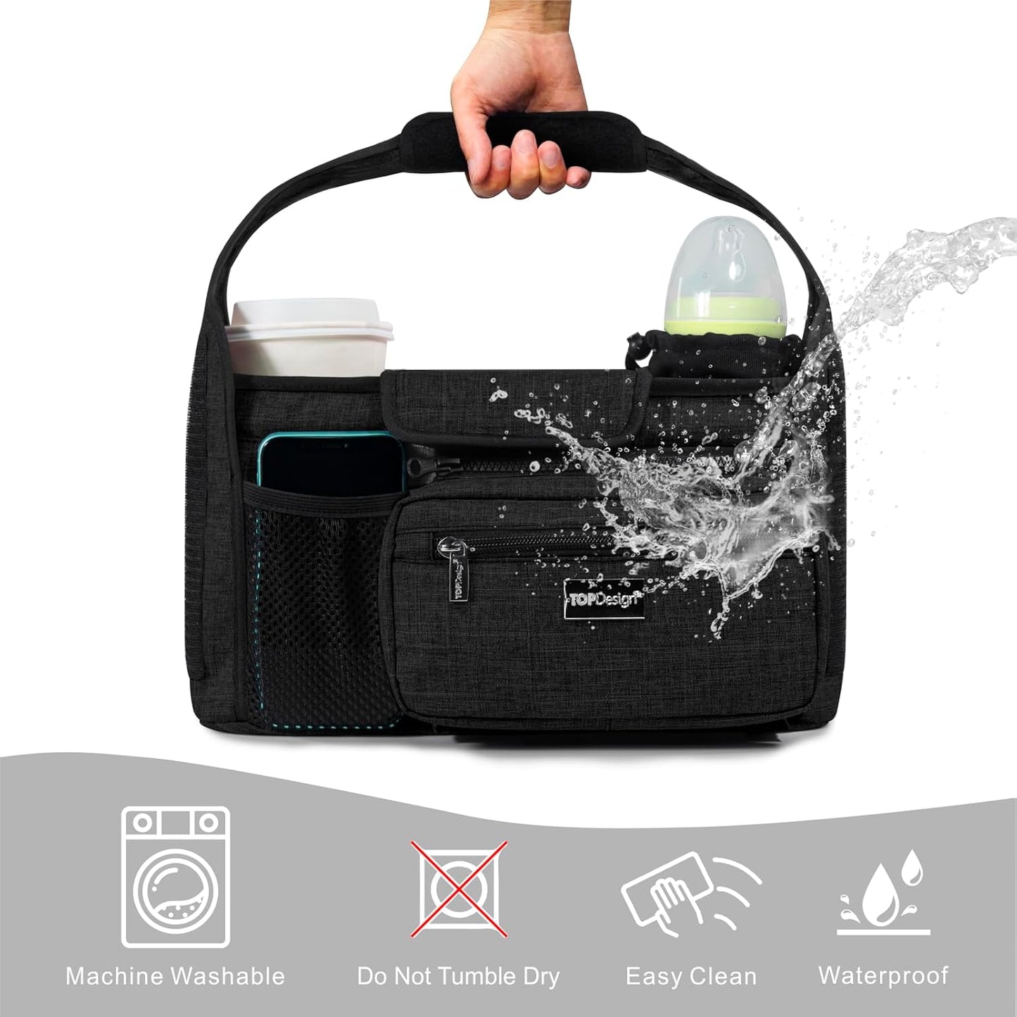 TOPDesign Universal Baby Stroller Organizer, Stroller Caddy with Detachable Mesh Bag & Heightened Insulated Cup Holders & Non-Slip Secure Hooks Accessories, Fits Most Strollers (Colorful Butterfly)