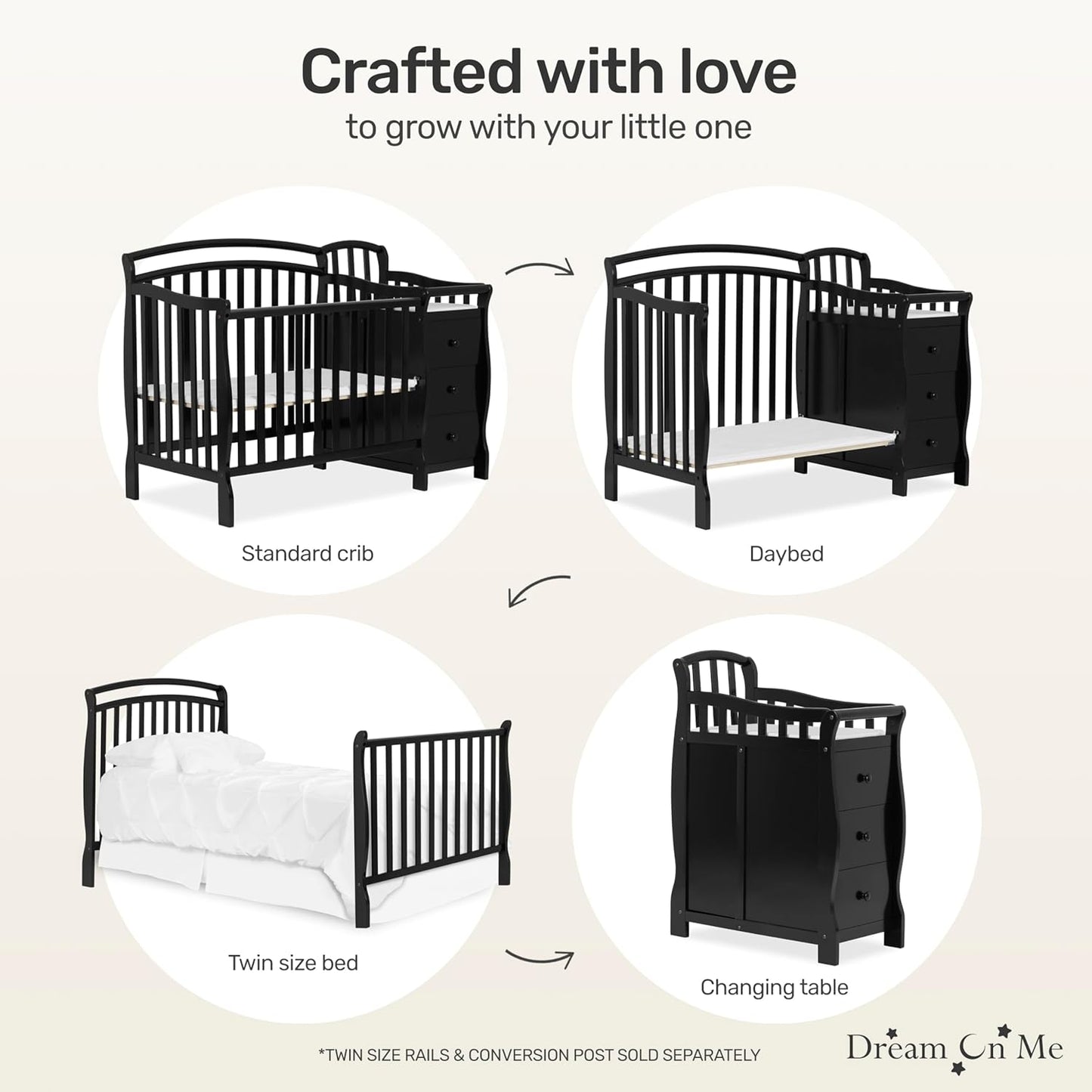 Dream On Me Casco 3-in-1 Mini Convertible Baby Crib & Changer with Storage in Black, Pinewood, GreenGuard Gold & JPMA, 1” Mattress Pad, 3 Mattress Heights, Converts to Mini Day & Twin-Size Bed