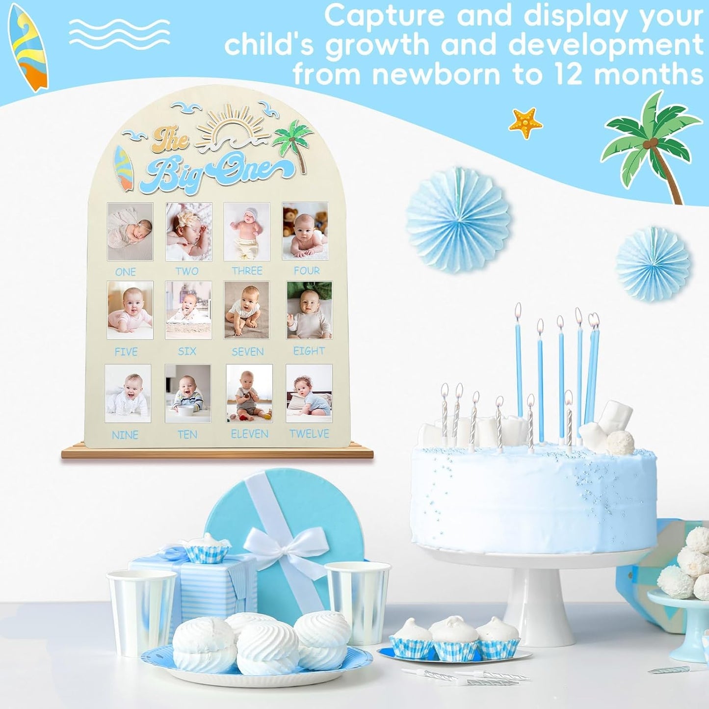 The Big One Photo Board Surf Birthday Party Wooden Board Decorations 12 Monthly Milestone Picture Frame One Year Old Wood Sign 1st Birthday Photo Banner for Baby Keepsake Gift Summer Beach Supplies