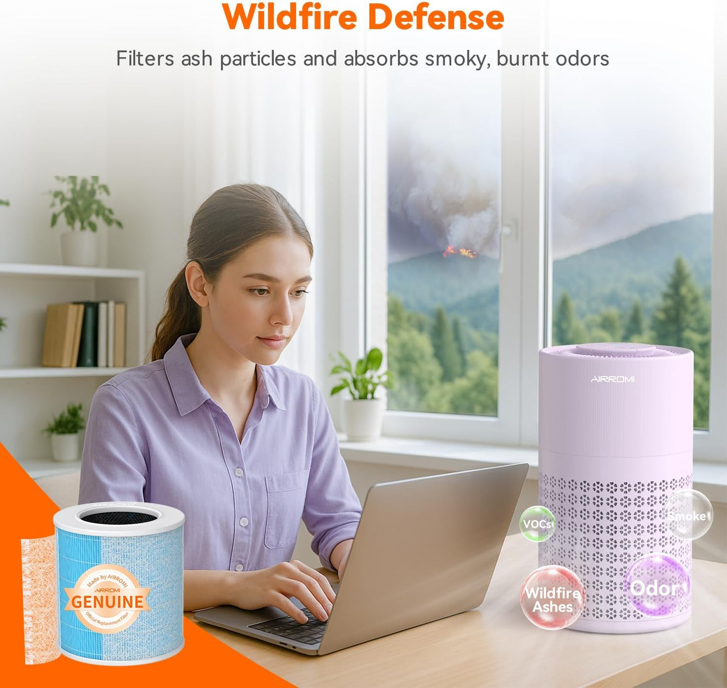 AIRROMI Air Purifier for Bedroom with HEPA 3-in-1 Filter, Pet Air Purifier for Home Cat Pee Smell, Covers Upto 990 Ft², Quiet 360°intake Air Cleaner for Pet Hair,Allergies,Pollen,Smoke A2001 Purple