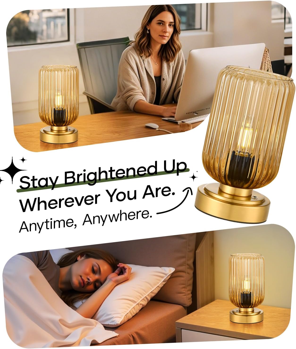 Touch Table Lamp for Nightstand - Small Bedside Lamps for Night Stands Bedroom Living Room, Dimmable Rechargeable Desk Lamp Battery Operated with Amber Glass Shade, Bulb Included