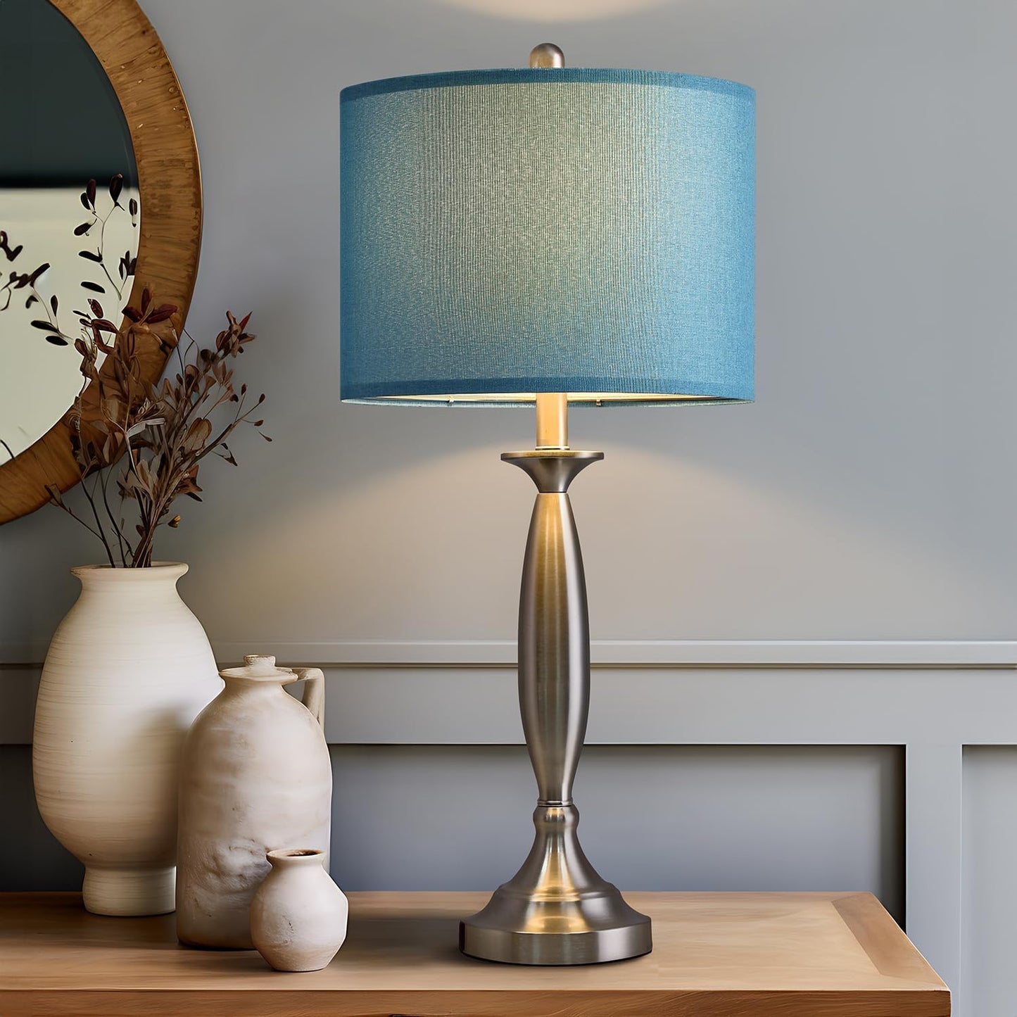 Oneach 27" Modern Table Lamps Set of 2 for Living Room Bedroom with USB A+C Charging Port,Brushed Steel Bedside Lamps for Night Stands,Fabric Drum Shade Nightstand Lamp Light for End Tables Home