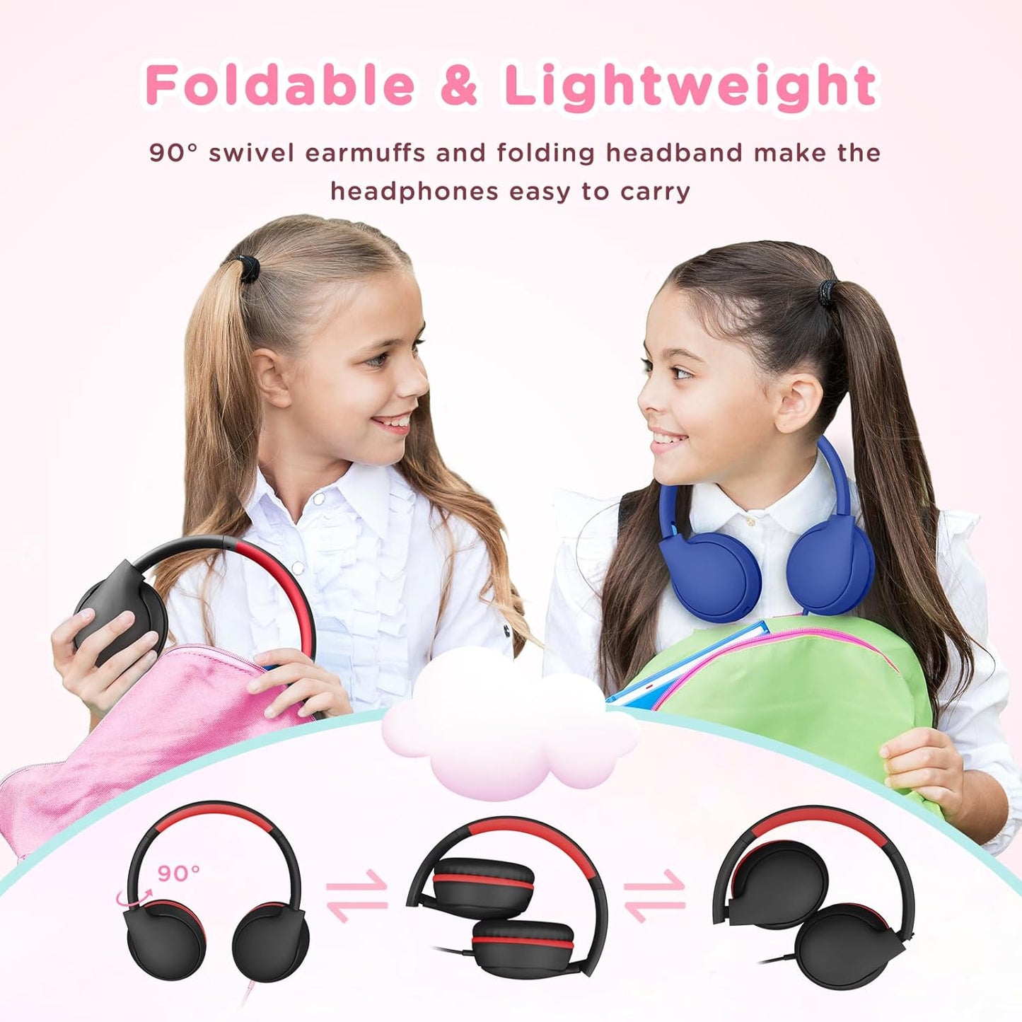 Kids Headphones Wired with Microphone, Over Ear 85/94dB Volume Limited Headphones with Share Port, Stereo Sound Foldable Headset for Teens/Boys/Girls-Black Red