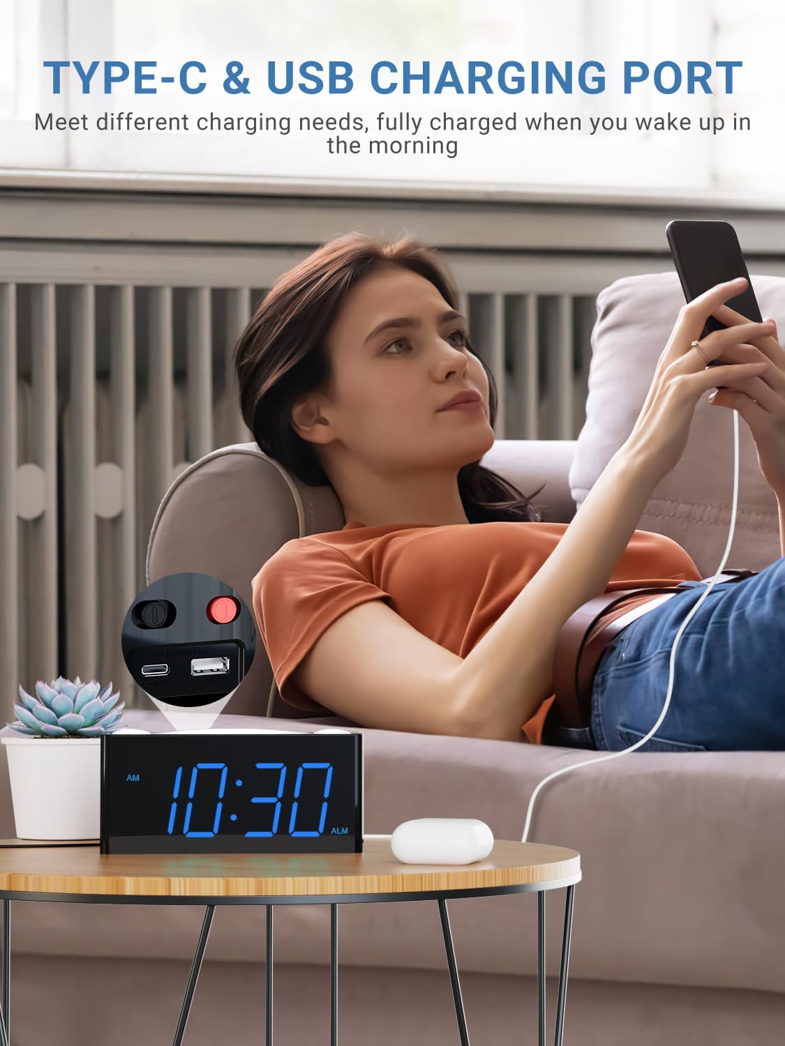 PPLEE Super Loud Alarm Clock for Heavy Sleepers Hearing Impaired Deaf,Vibrating Alarm Clock with Bed Shaker,Big Display Alarm Clock for Bedroom,5 Dimmer,Night Light,USB/Type-C Charger,Power-off Memory