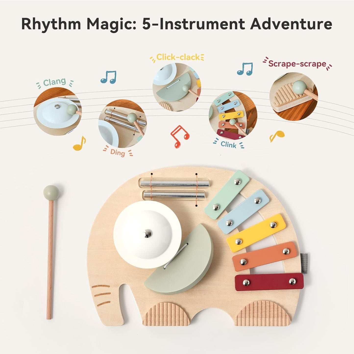 IEATFO 5-in-1 Musical Elephant Toy Set for Kids - Percussion Instruments with Xylophone, Cymbal, Guiro, Castanet & Chime | Portable Early Learning Toy, Toddler Educational Gift