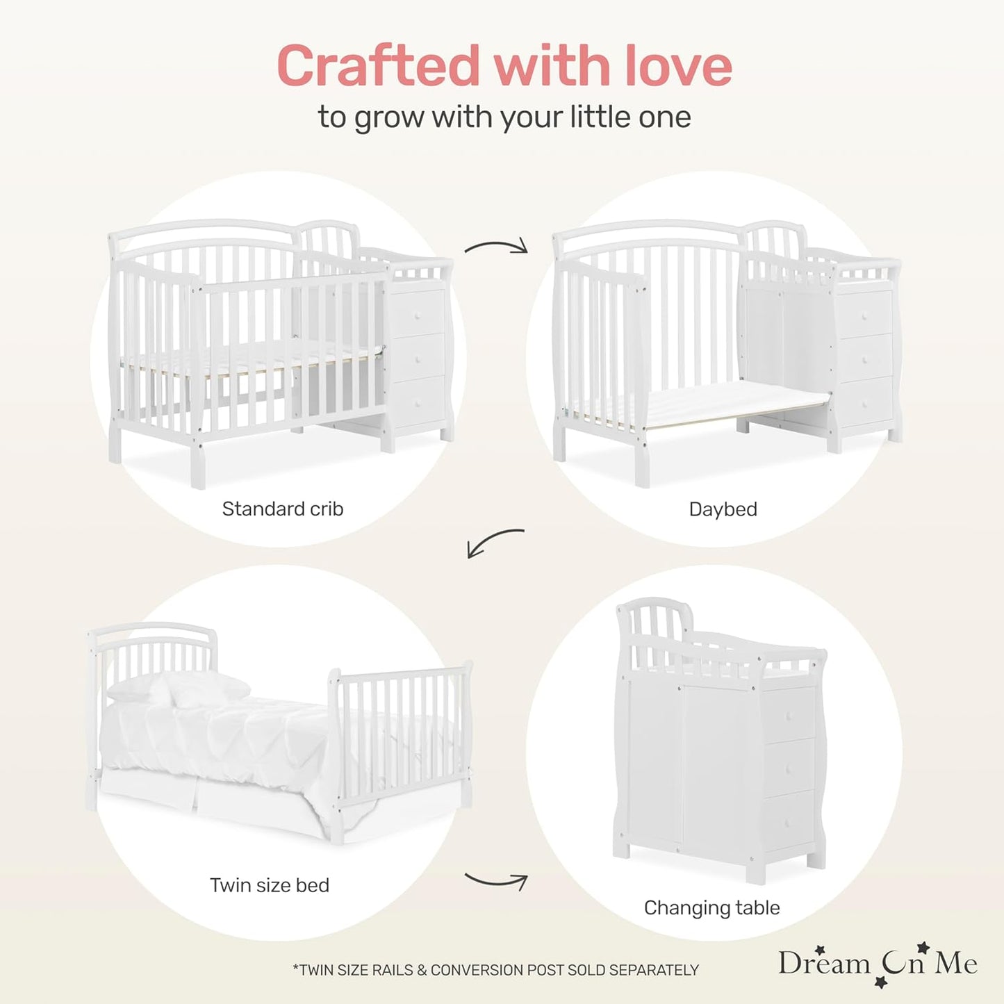 Dream On Me Casco 3-in-1 Mini Convertible Baby Crib & Changer with Storage in White, Pinewood, GreenGuard Gold & JPMA, 1” Mattress Pad, 3 Mattress Heights, Converts to Mini Day & Twin-Size Bed