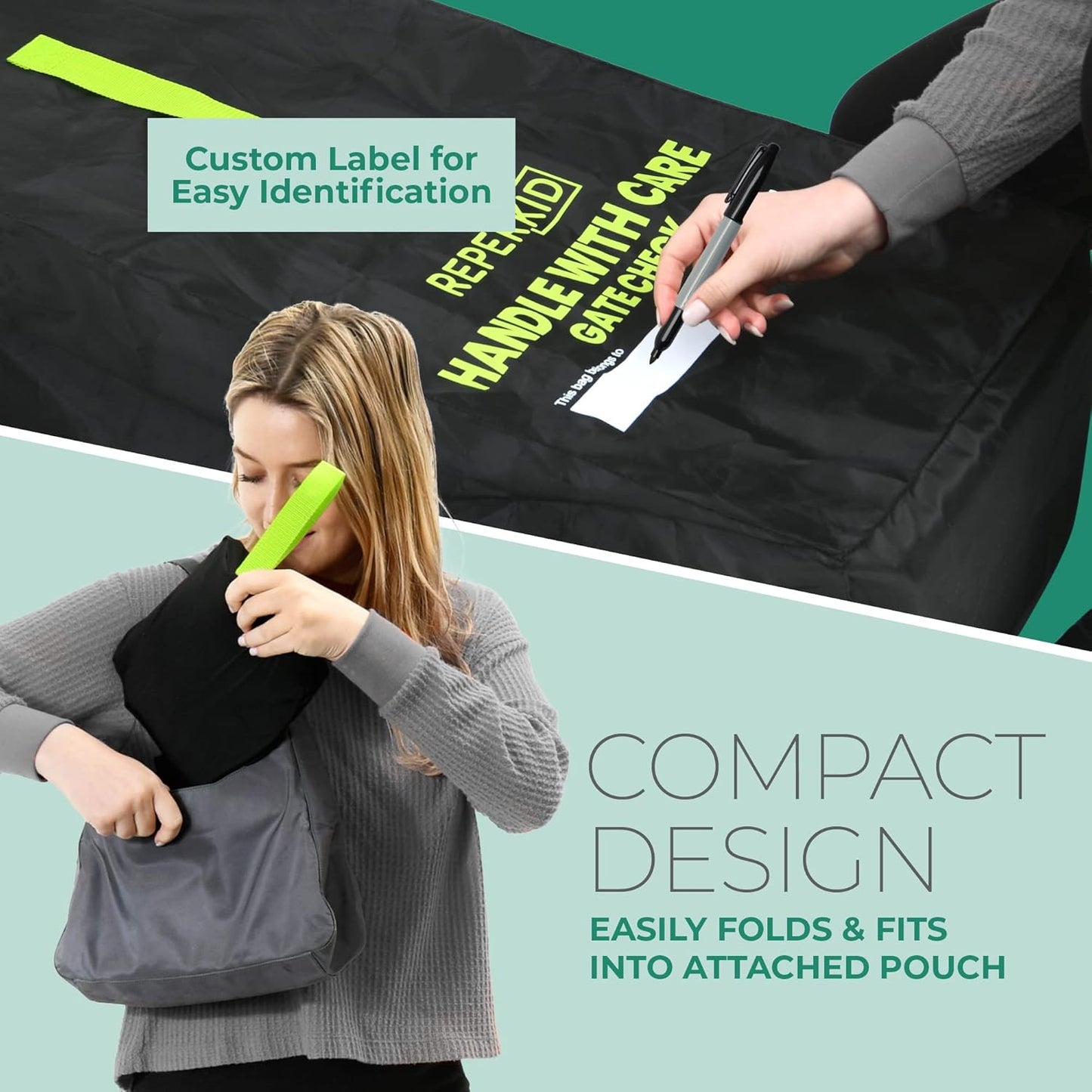 reperkid Umbrella Stroller Bag for Airplane Travel, Black and Green, 47" H x 15" W x 12" D, Fits Most Single and Double Umbrella Strollers – Premium Waterproof Cover, Adjustable Shoulder Strap