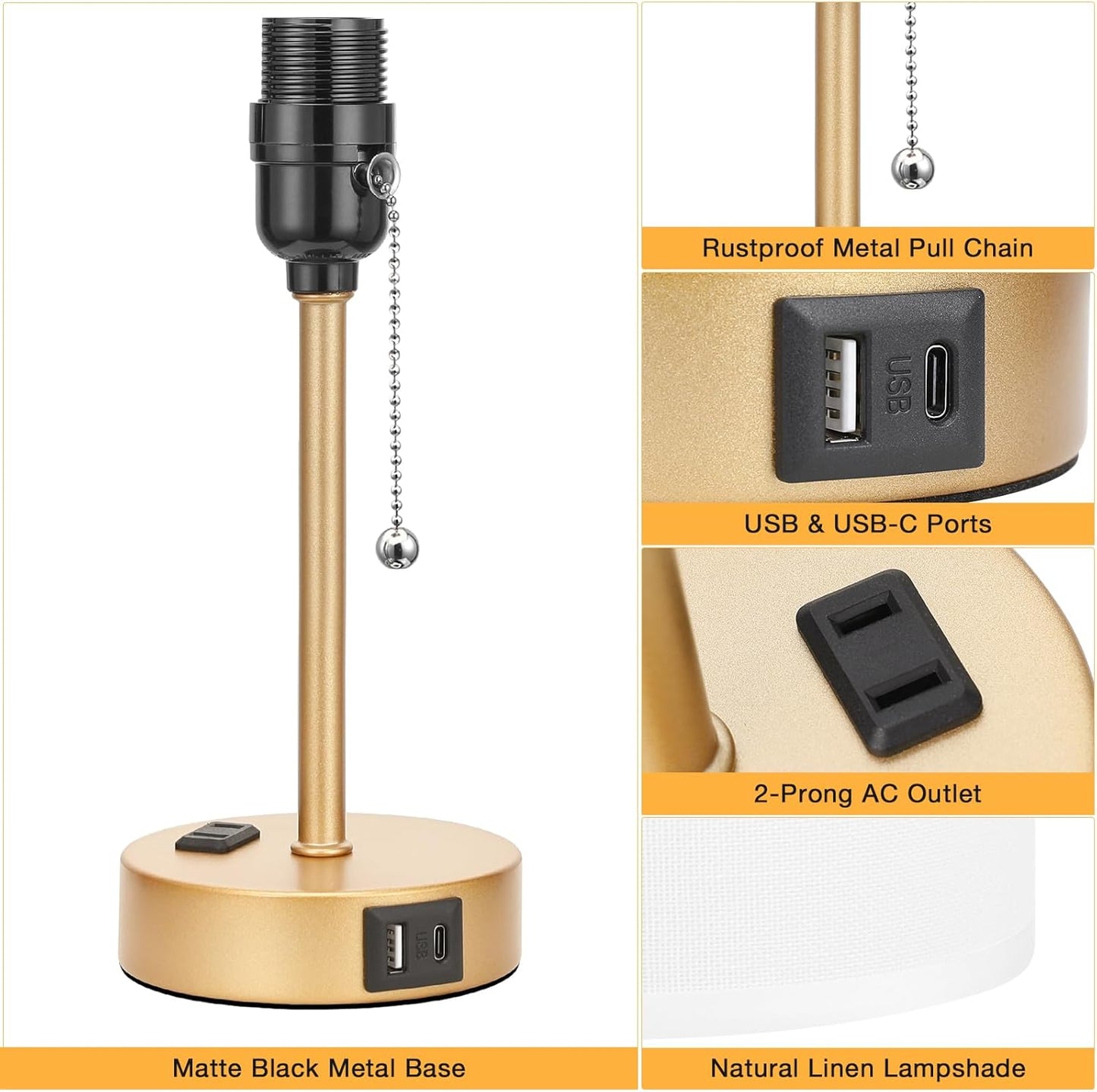 Dicoool Small Bedside Lamps 3 Color Modes - 2700K 3500K 5000K Bedroom Lamps with USB C and A Ports, Pull Chain Gold Table Lamps with AC Outlet, Nightstand Lamps with Gold Metal Base for Kids Reading