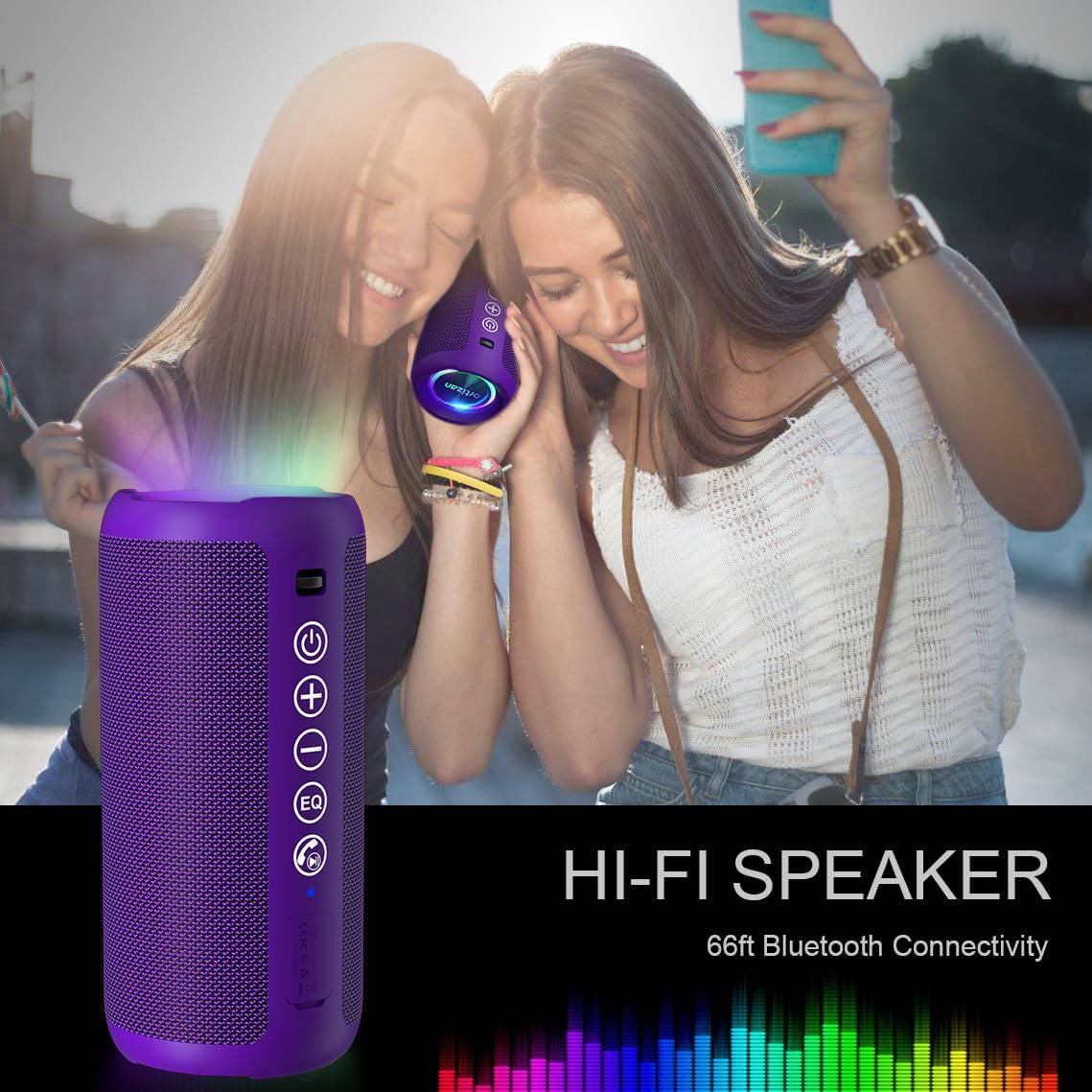 Ortizan Portable Bluetooth Speaker: IPX7 Waterproof, 24W Loud Sound, Deep Bass, Bluetooth 5.3, LED Lights, Wireless Stereo Pairing, 30H Playtime, for Home/Outdoor/Party/Beach, Birthday Gift (Purple)