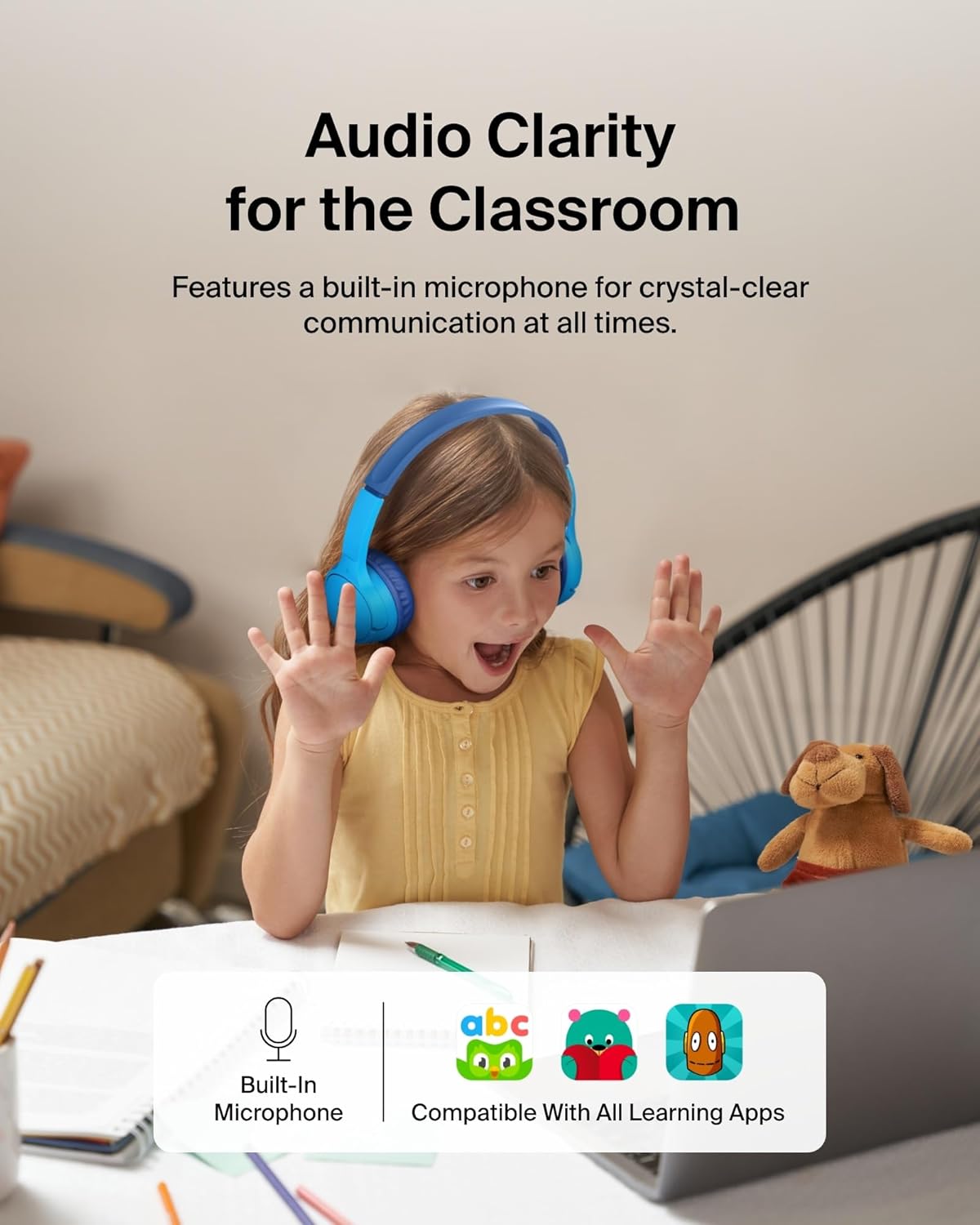 Belkin SoundForm Mini - Wireless Bluetooth Kids Headphones, 30H Battery, 85dB Safe Volume Limit, Built-in Microphone - Toddler On-Ear Earphones for iPhone, iPad, Fire Tablet, Ideal for School - Blue