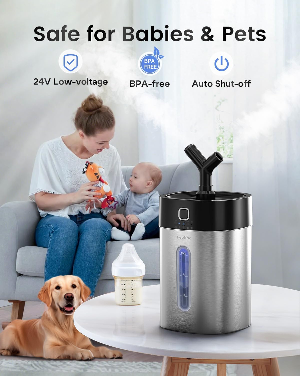Feekaa Stainless Steel Humidifier Easy Clean, 1Gal/4L Cool Mist Humidifiers for Bedroom, Dishwasher Safe Humidifier Large Room, Humidifiers for Bedroom Baby Nursery Living Room Office, Black