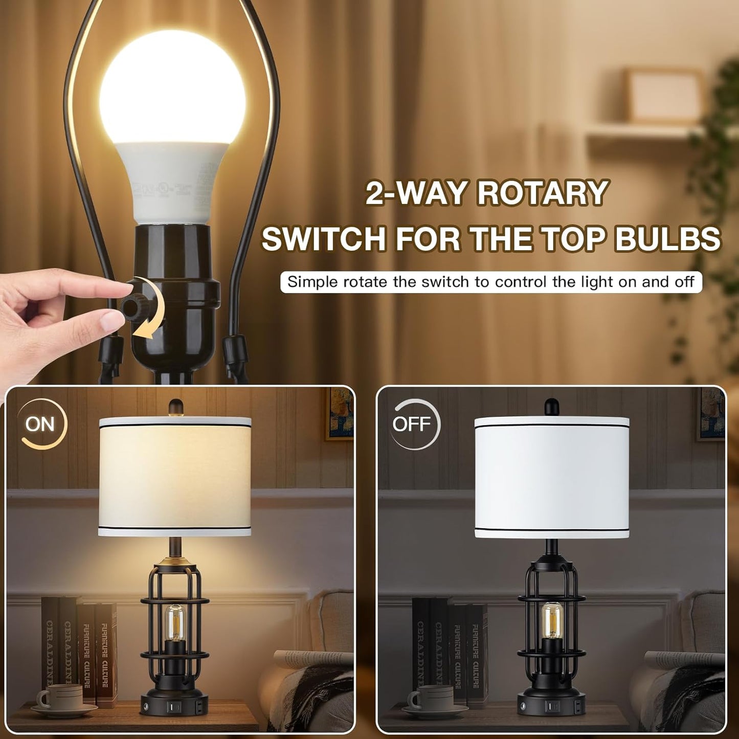 26" Modern Lamp for Living Room, Industrial 3-Way Dimmable Beside Table Lamp with USB A+C Charging Ports & AC Outlet, Touch Control Beside Lamp LED Night Light for Bedroom Single(2 Bulbs Included)