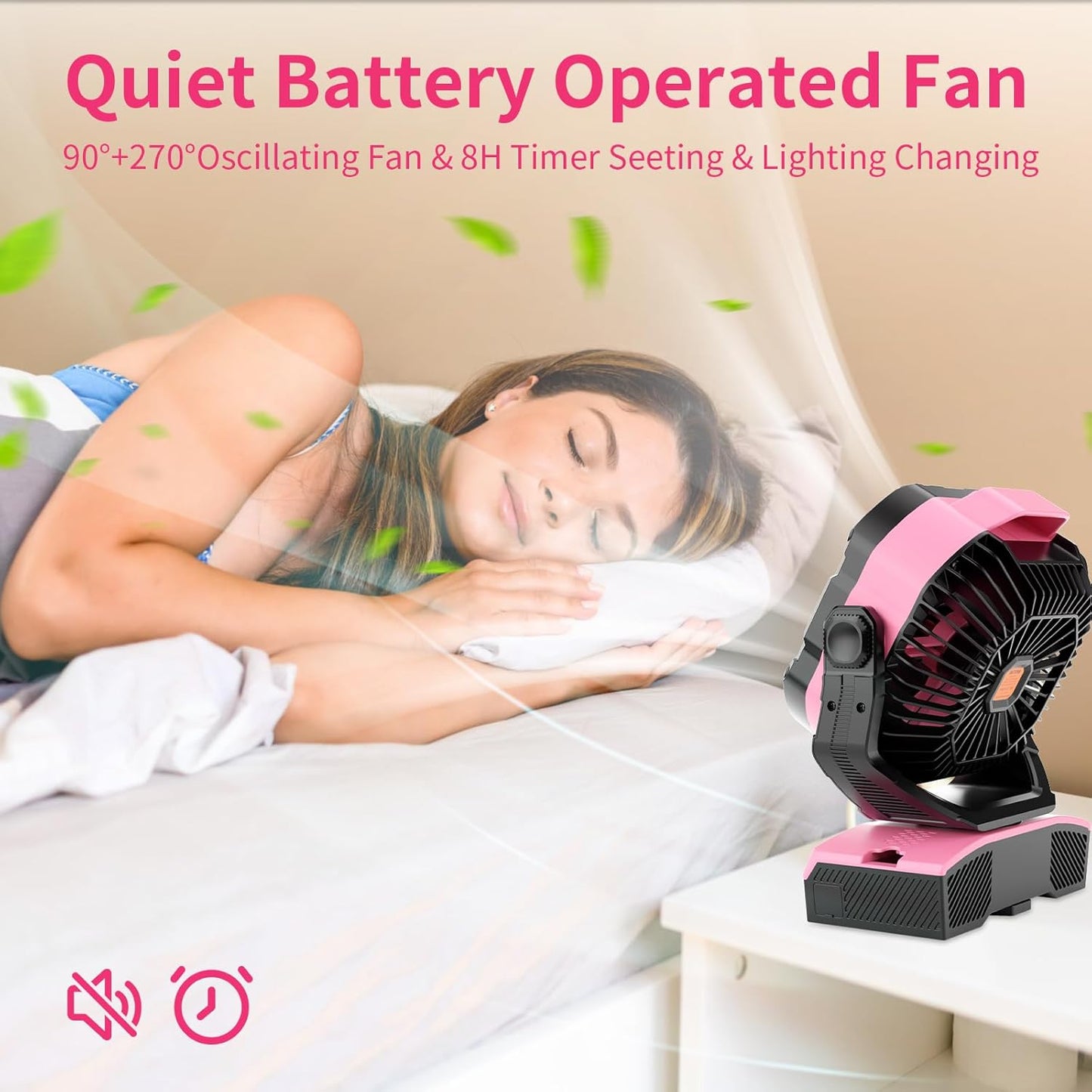 Camping Fan Oscillating Portable Fan 20000mAh Battery Powered Fans Rechargeable Camping Tent essentials Light Hook 270° Pivot USB Desk Outdoor Battery Operated X68 Pink