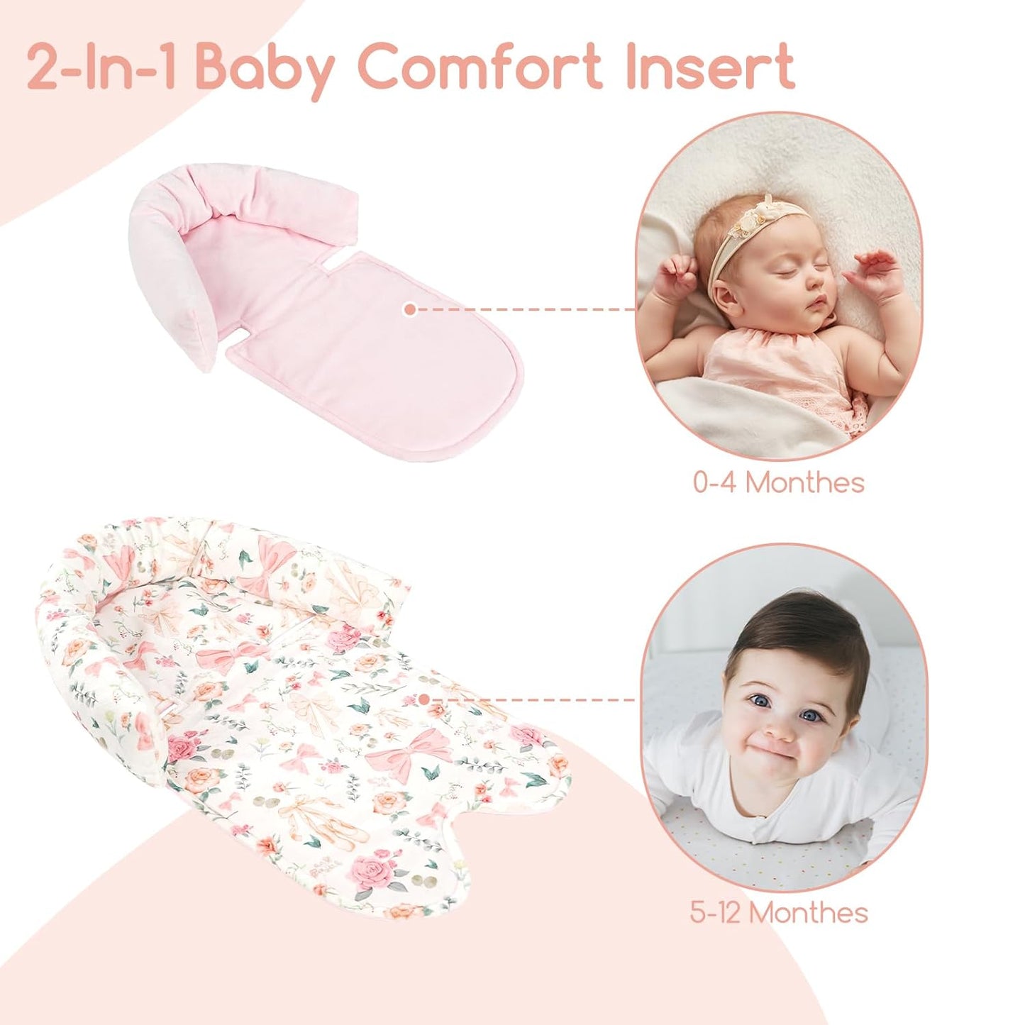 Baby Car Seat Head Support for Newborn, GFU 2 in 1 Infant Car Seat Head Body Support with Strap Pads, Soft Stroller Cushion Pillow Insert for Girls, Fits for Stroller, Swing, Pink Floral