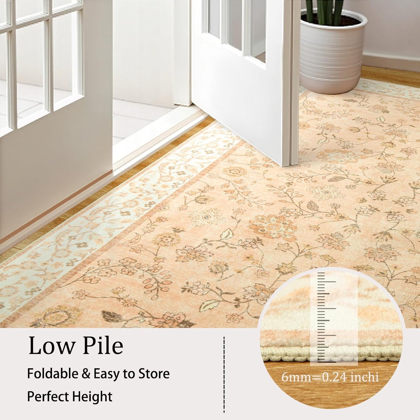 LOCHAS Washable Area Rugs 6x9, Peach Floral Rug for Living Room Bedroom Non Slip, Ultra Soft Vintage Indoor Carpet for Kids, Nursery, Dorm, Dining Room, Classroom, Boho Flower Home Decor, Low-Pile