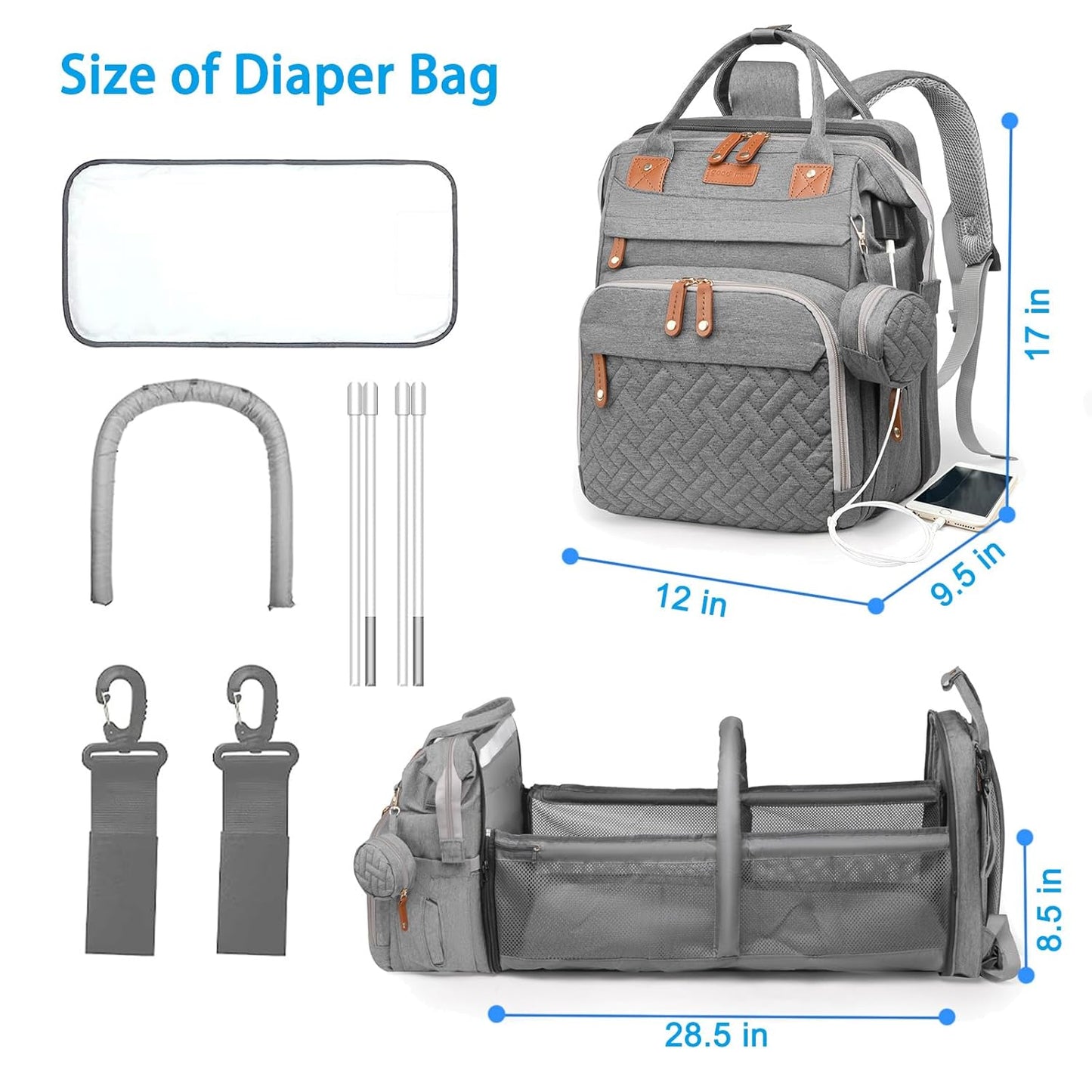 Jeryswet Baby Diaper Bags with Changing Station, Waterproof Large Capacity Diaper Bag Backpack for Moms Dads with USB Charging Port and Stroller Straps, Baby Shower Gifts, Grey