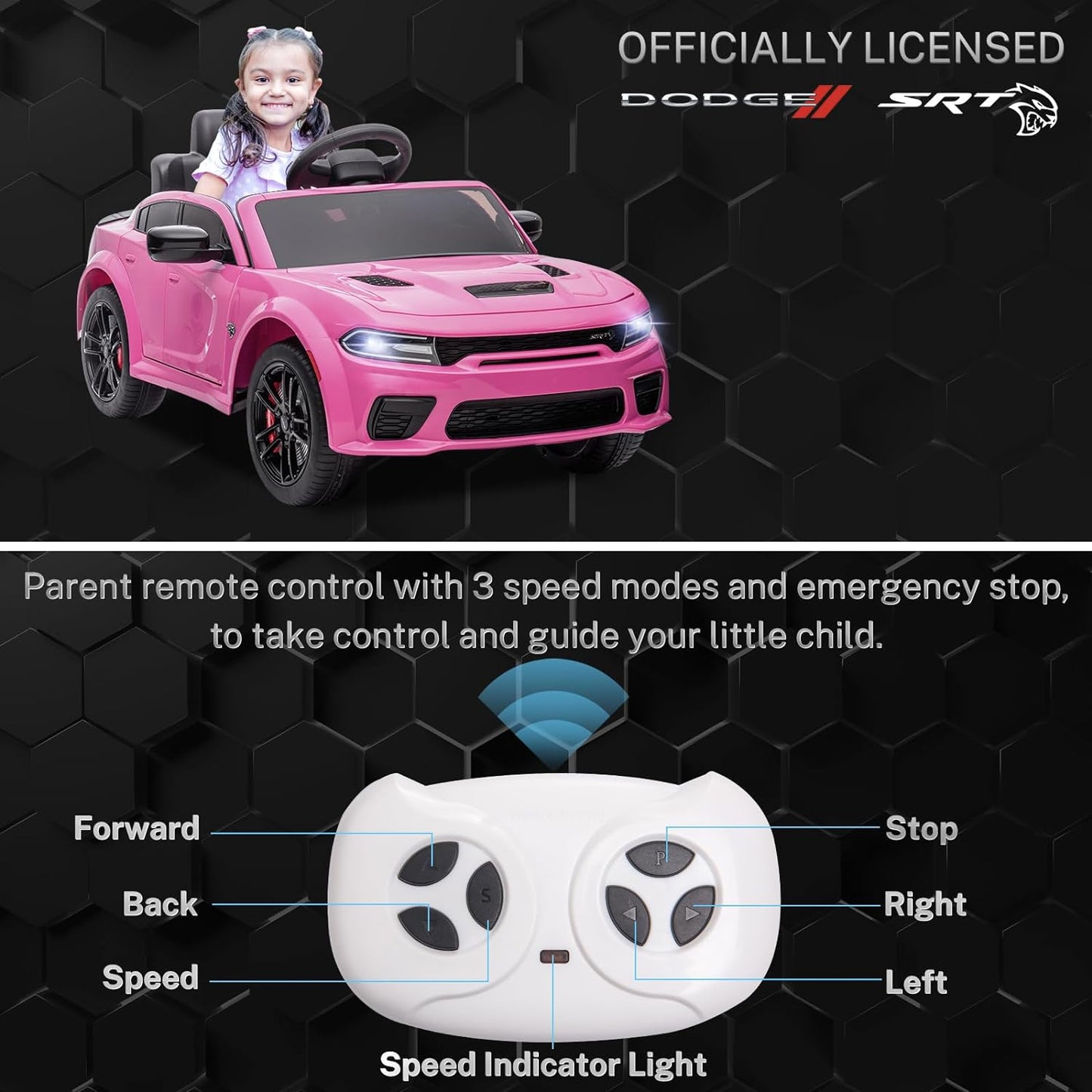 12V 7Ah Kids Electric Ride on Car, Licensed Dodge Charger SRT Hellcat, Battery Powered 4-Wheels Toy Car Electric Vehicle for Kids with Remote Control, 3 Speeds, LED Lights, Music (Pink)