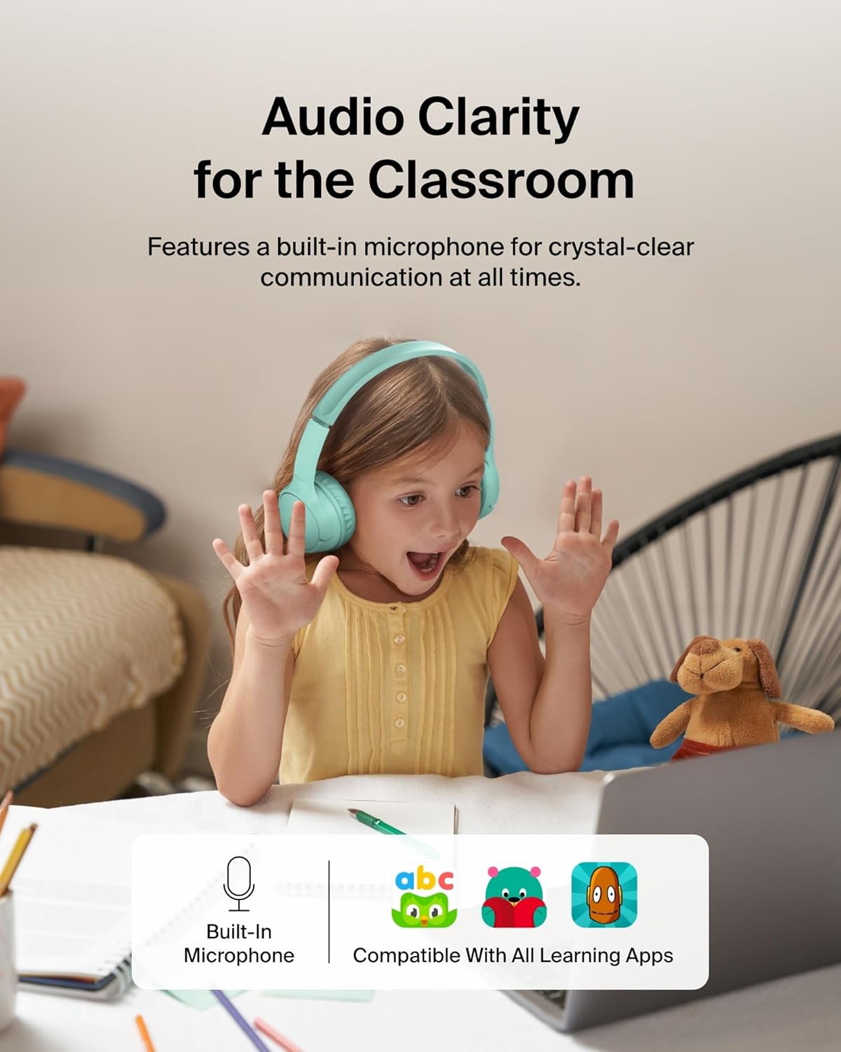 Belkin SoundForm Mini - Wireless Bluetooth Headphones for Kids with 30H Battery Life, 85dB Safe Volume Limit, Built-in Microphone - Kids On-Ear Earphones for iPhone, iPad, & More - Mint w/Case