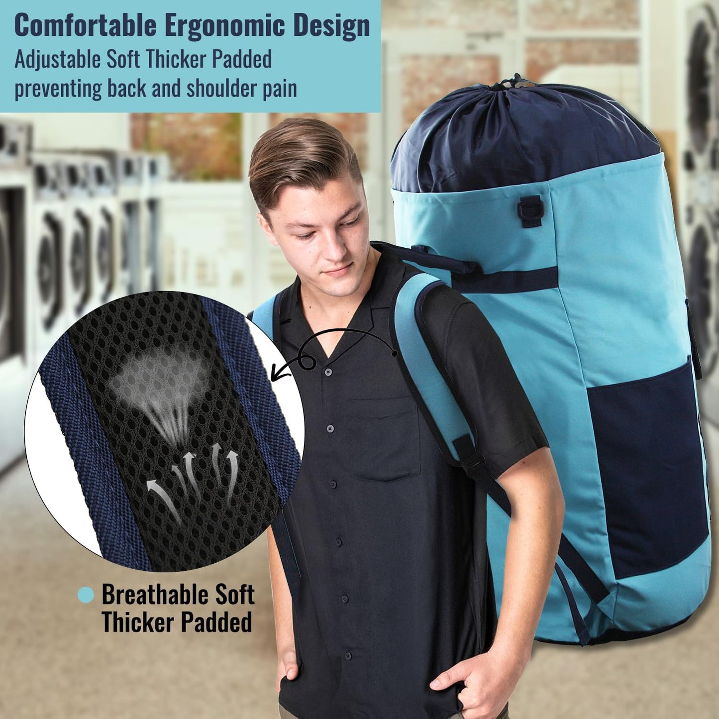 Laundry Bag Backpack, 125L Extra Large Travel Laundry Bags with Shoulder Straps, Adjustable & Extendable Design, Laundry Hamper Bag with 3 Pockets for Laundromat, College, Travel, Camping