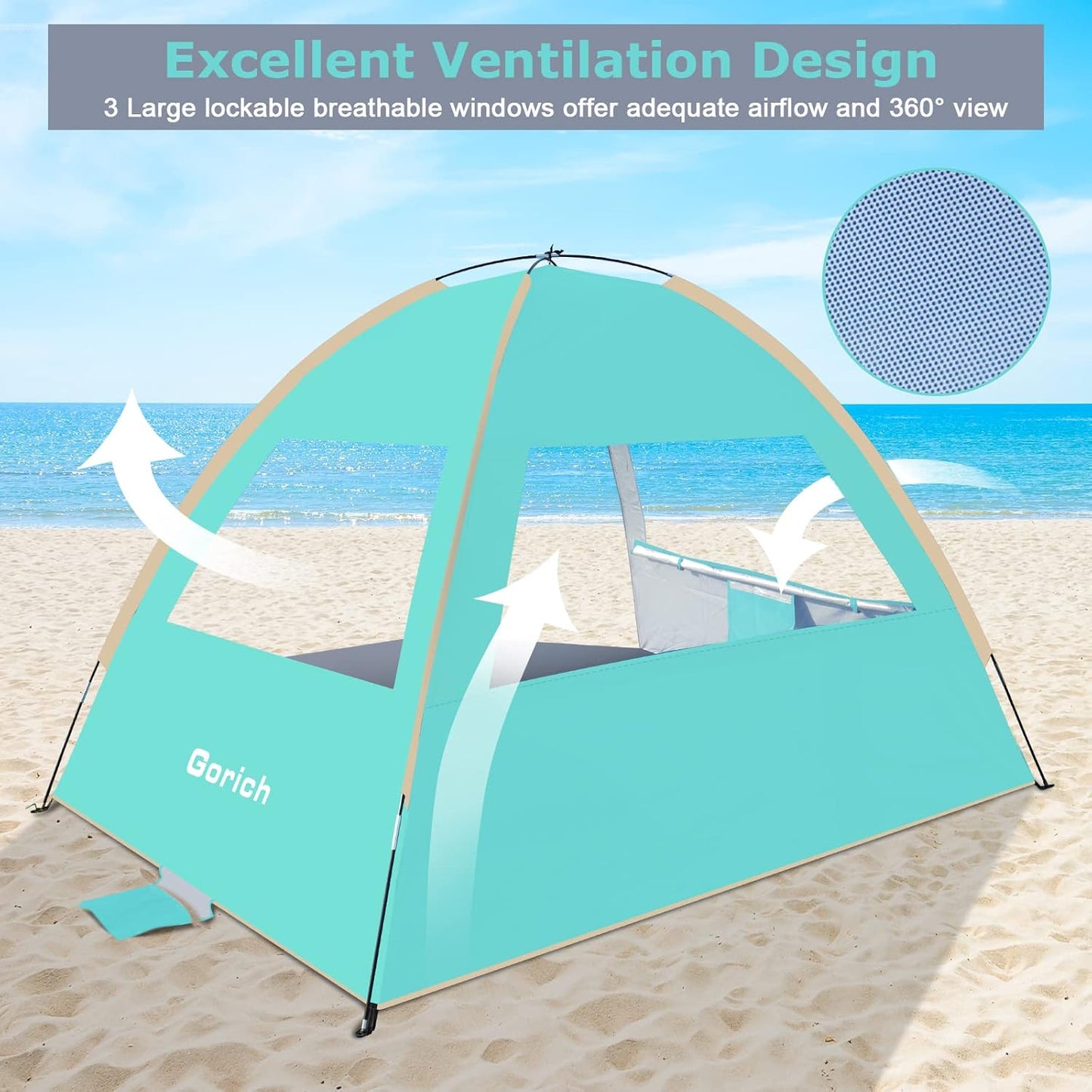 Gorich Beach Tent Sun Shelter for 3/4-5/6-7/8-10 Person with UPF 50+ UV Protection, Lightweight & Easy Setup Beach Shade Canopy, Portable Beach Shade Tent Beach Cabana