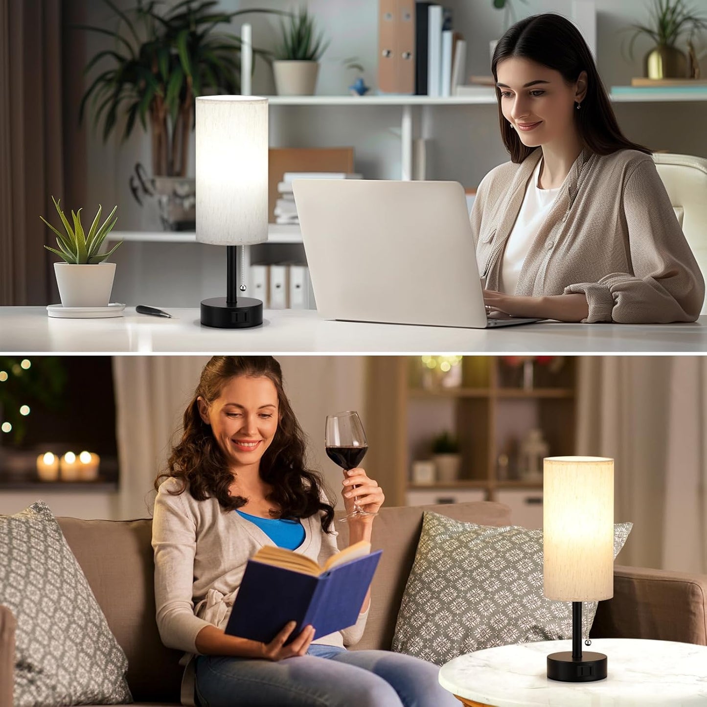 Bedside Table Lamp for Nightstand - 3 Color Temperatures Pull Chain Lamp with AC Outlet Charging Port, Round Night Stand Light for Bedroom Living Room, Small Bed Side Light with E26 LED Bulb