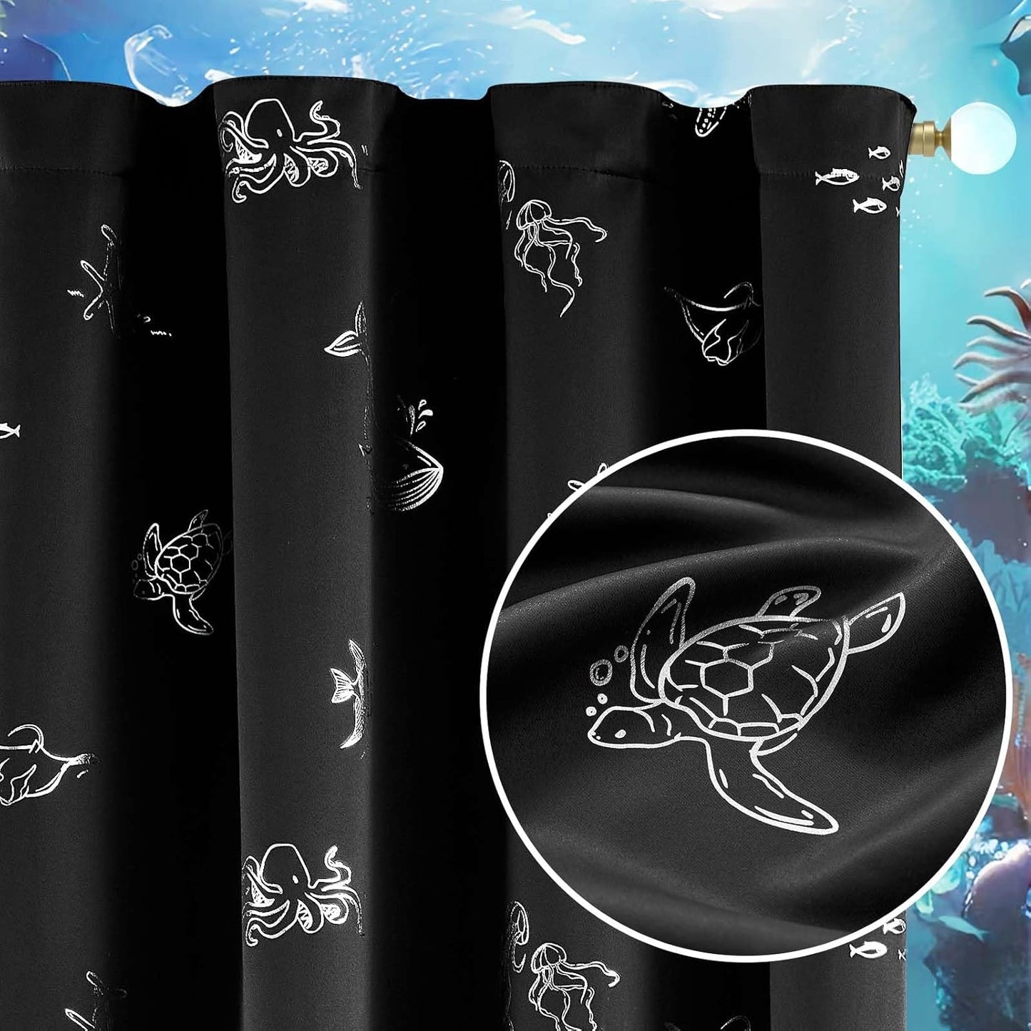 Vangao Kids Curtains for Boys Bedroom Kids Blackout Curtains 63 Inch Length Ocean Aquarium Nursery Drapes for Girls Bedroom Silver Sea Animals Print Thermal Insulated Drapes, Black 2 Panels