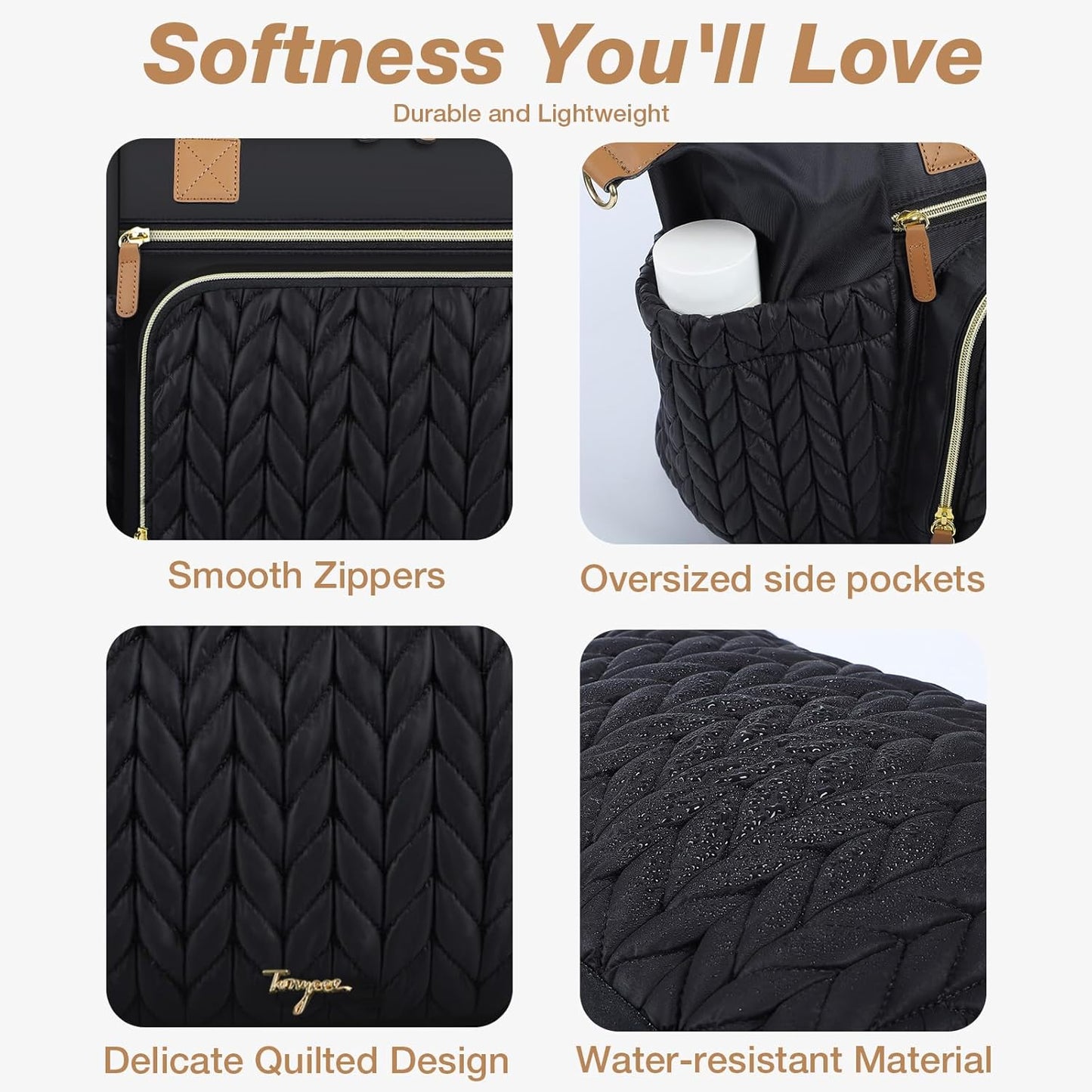 Diaper Bag Tote, Large Diaper Bags Waterproof, Hospital Bag for Labor Delivery, Baby Bag with Pacifier Case, Travel Diaper Tote with Changing Pad, Black