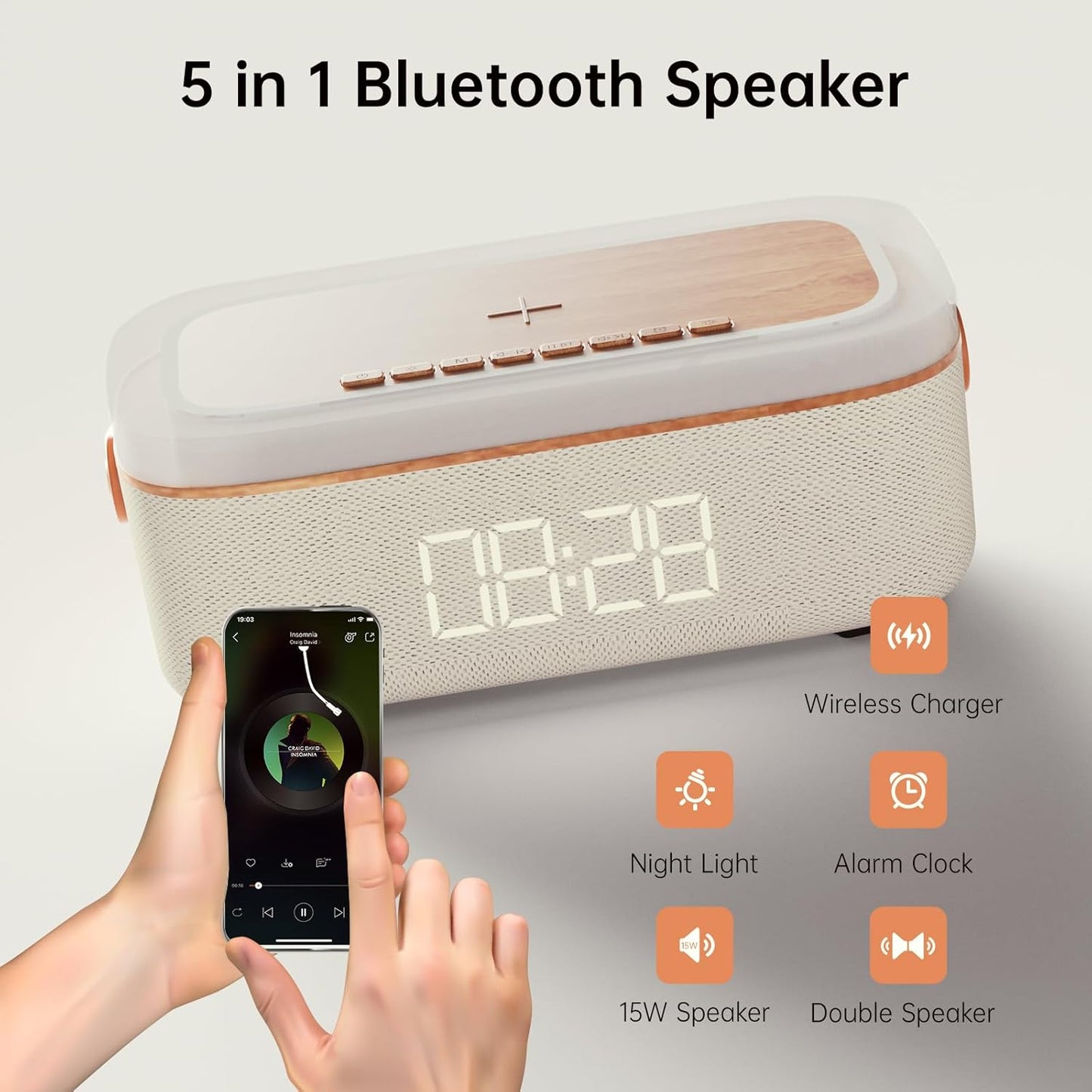 LOVME Alarm Clock Bluetooth Speaker for Bedroom, Bluetooth Stereo Sound Speaker, Fast 15W Wireless Charger, Dimmer, Night Light for Heavy Sleepers, Gift Set, Bedside(Khaki)