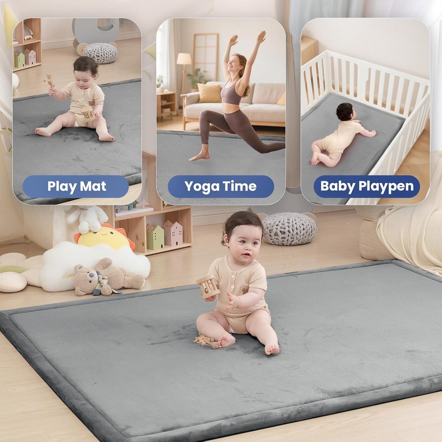 Baby Play Mat for Floor,1.3" Thick Memory foam Tummy Time Mat,79"×158“ Extra Large Soft Velvet Nursery Rug,Non Slip Safe for Crawling,Toddlers,Infants,kids,Tatami Style for Living Room(Dark Grey)