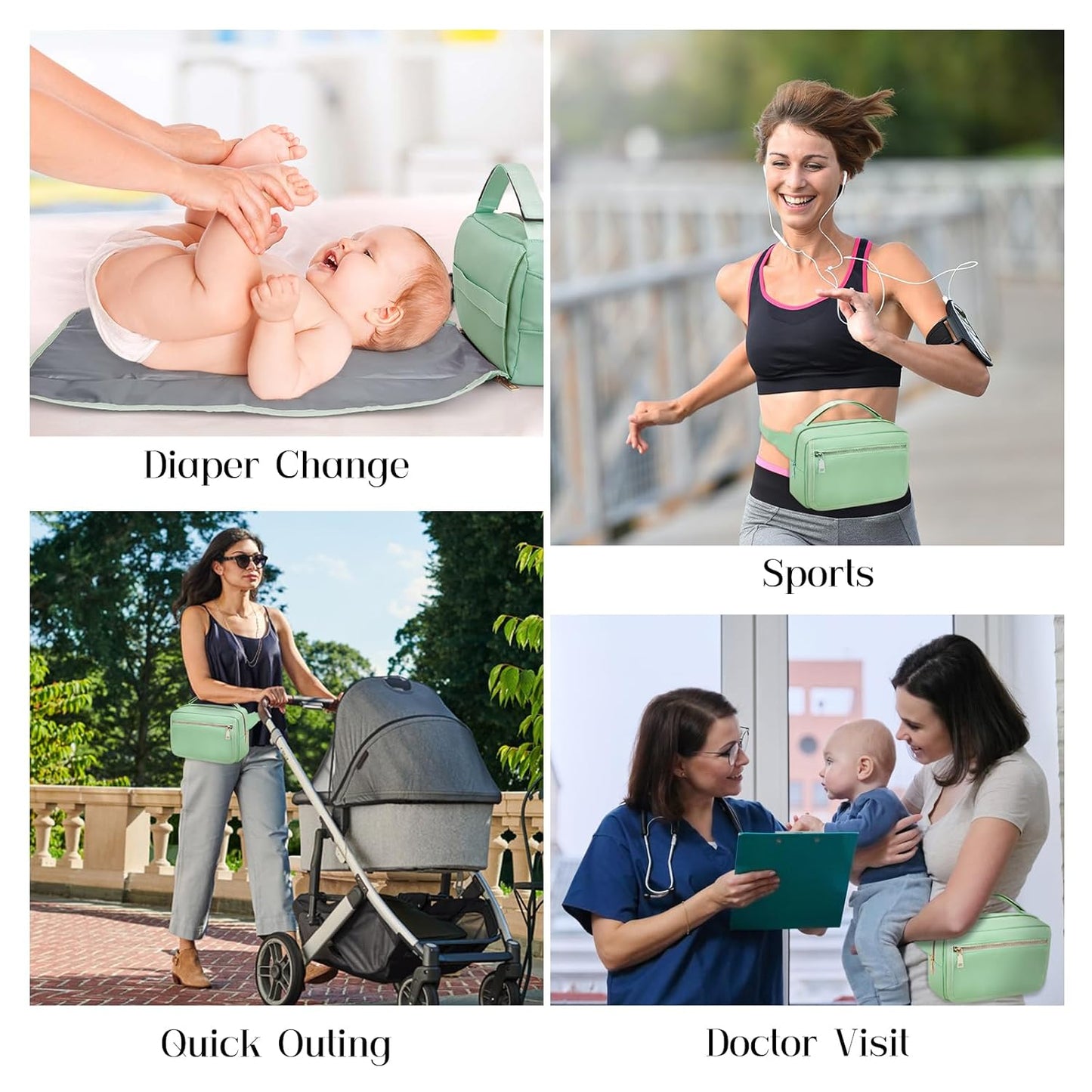 printe Small Diaper Bag with Portable Changing Pad, Crossbody Funny Bag Pack with Wipes Pocket, Women Waist Bag for Travel, Mint Green