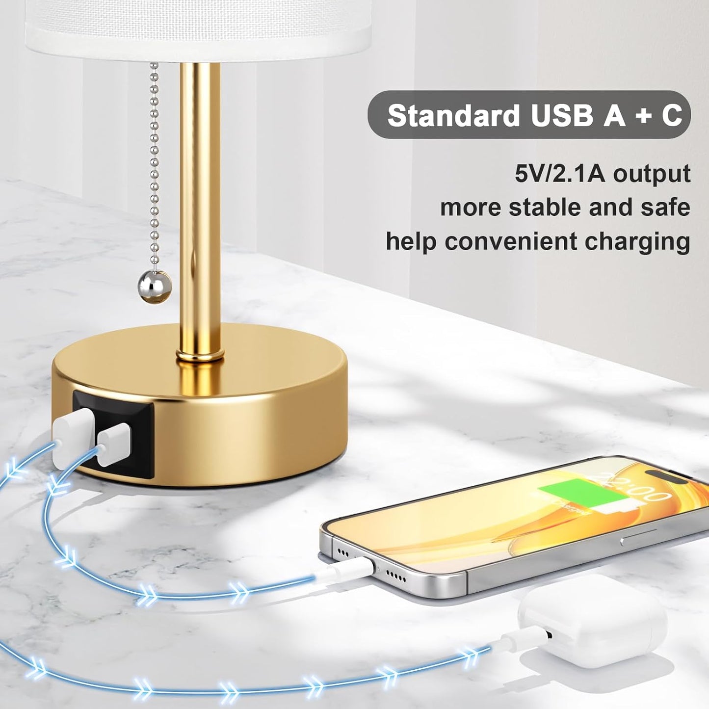 Gold Bedside Lamp for Bedroom Nightstand - Small Table Lamp with USB A + C Charging Port, 3 Color Temperatures Pull Chain Night Stand Light, Side Table Desk Reading Lamp for Living Room/Dorm Room