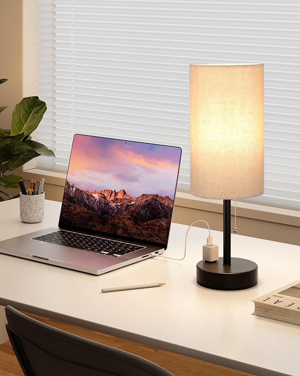 Plus Beige Bedside Table Lamps Set of 2-3 Color Temperatures Pull Chain Lamp with AC Outlet Charging Port, Two Round Night Stand Lamps for Bedroom Guest Room Office, Bed Side Light