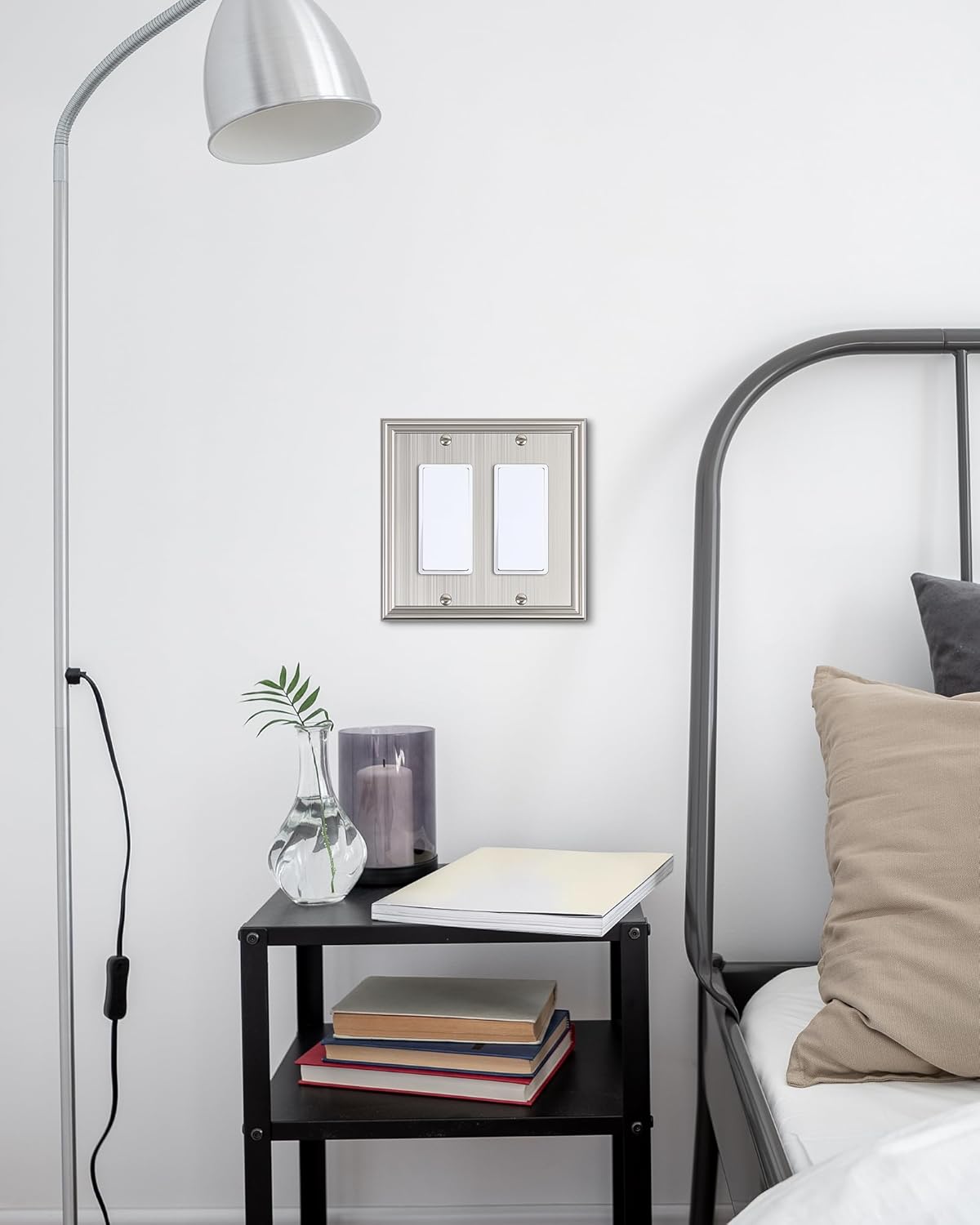 2-Pack Decorative Double Decorator Outlet Cover Plate, Durable Zinc Alloy Brushed Nickel Wall Plates for Electrical Outlets, Receptacle, GFCI Outlet, Dimmer Switch, 2-Gang