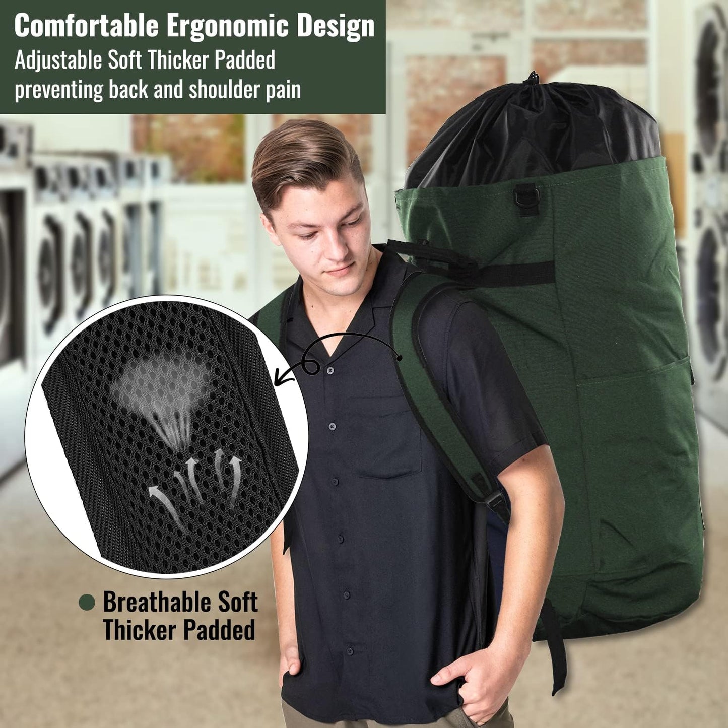 Laundry Bag Backpack, 125L Extra Large Travel Laundry Bags with Shoulder Straps, Adjustable & Extendable Design, Laundry Hamper Bag with 3 Pockets for Laundromat, College, Travel