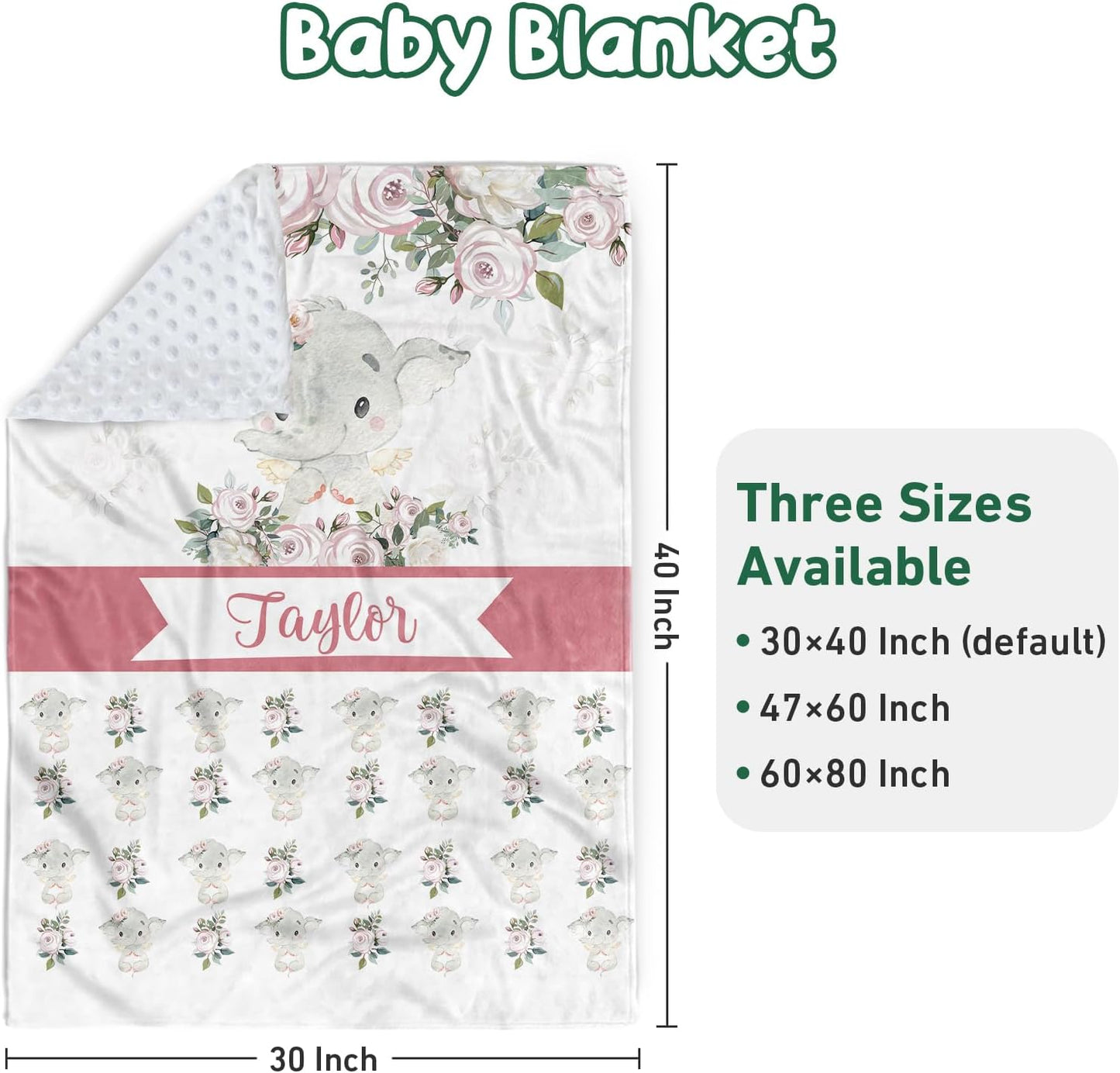 Personalized Baby Crib Bedding Set - Custom Name Lovely Elephant Design 3 Pcs Set - Soft Blanket with Double Layer Dotted Backing, Fitted Sheet, Room Rug for Newborns Boys Girls Shower Gift